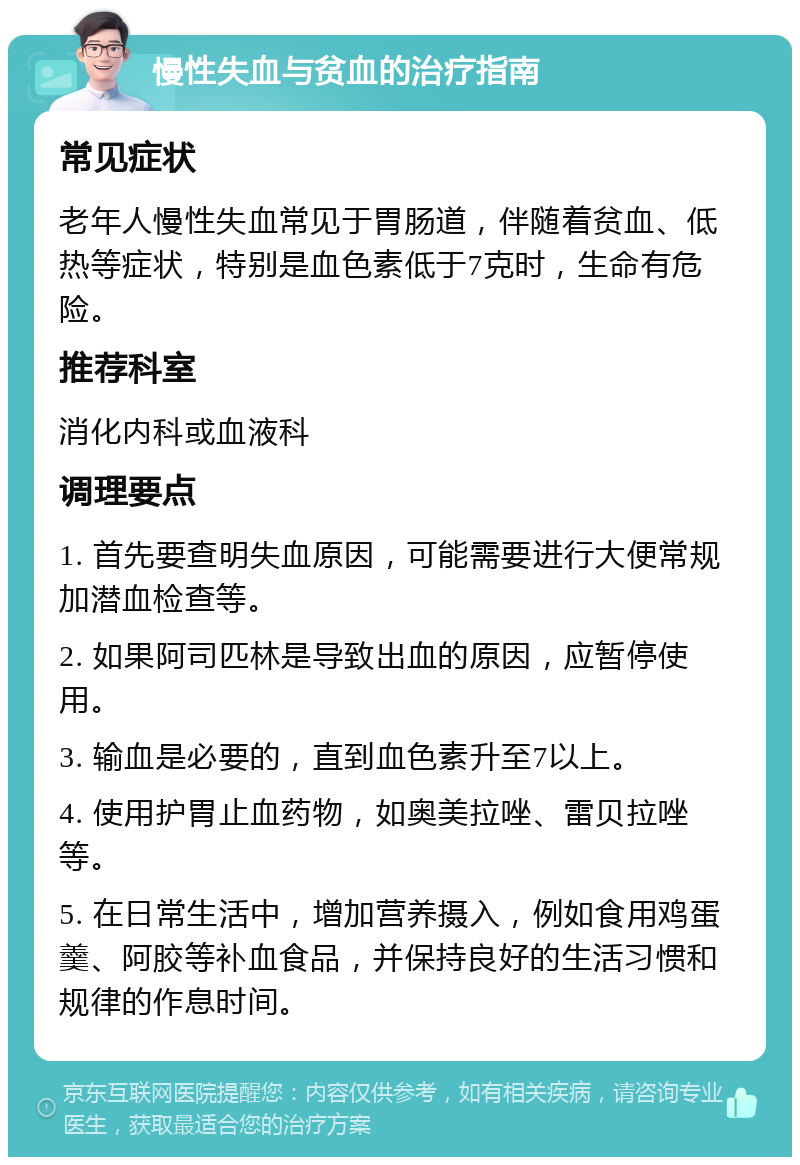 慢性失血与贫血的治疗指南 常见症状 老年人慢性失血常见于胃肠道，伴随着贫血、低热等症状，特别是血色素低于7克时，生命有危险。 推荐科室 消化内科或血液科 调理要点 1. 首先要查明失血原因，可能需要进行大便常规加潜血检查等。 2. 如果阿司匹林是导致出血的原因，应暂停使用。 3. 输血是必要的，直到血色素升至7以上。 4. 使用护胃止血药物，如奥美拉唑、雷贝拉唑等。 5. 在日常生活中，增加营养摄入，例如食用鸡蛋羹、阿胶等补血食品，并保持良好的生活习惯和规律的作息时间。