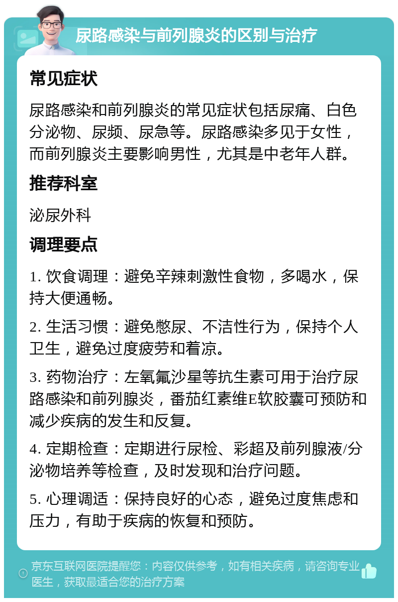 尿路感染与前列腺炎的区别与治疗 常见症状 尿路感染和前列腺炎的常见症状包括尿痛、白色分泌物、尿频、尿急等。尿路感染多见于女性，而前列腺炎主要影响男性，尤其是中老年人群。 推荐科室 泌尿外科 调理要点 1. 饮食调理：避免辛辣刺激性食物，多喝水，保持大便通畅。 2. 生活习惯：避免憋尿、不洁性行为，保持个人卫生，避免过度疲劳和着凉。 3. 药物治疗：左氧氟沙星等抗生素可用于治疗尿路感染和前列腺炎，番茄红素维E软胶囊可预防和减少疾病的发生和反复。 4. 定期检查：定期进行尿检、彩超及前列腺液/分泌物培养等检查，及时发现和治疗问题。 5. 心理调适：保持良好的心态，避免过度焦虑和压力，有助于疾病的恢复和预防。