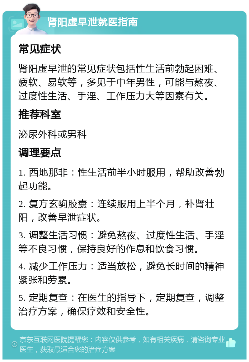 肾阳虚早泄就医指南 常见症状 肾阳虚早泄的常见症状包括性生活前勃起困难、疲软、易软等，多见于中年男性，可能与熬夜、过度性生活、手淫、工作压力大等因素有关。 推荐科室 泌尿外科或男科 调理要点 1. 西地那非：性生活前半小时服用，帮助改善勃起功能。 2. 复方玄驹胶囊：连续服用上半个月，补肾壮阳，改善早泄症状。 3. 调整生活习惯：避免熬夜、过度性生活、手淫等不良习惯，保持良好的作息和饮食习惯。 4. 减少工作压力：适当放松，避免长时间的精神紧张和劳累。 5. 定期复查：在医生的指导下，定期复查，调整治疗方案，确保疗效和安全性。