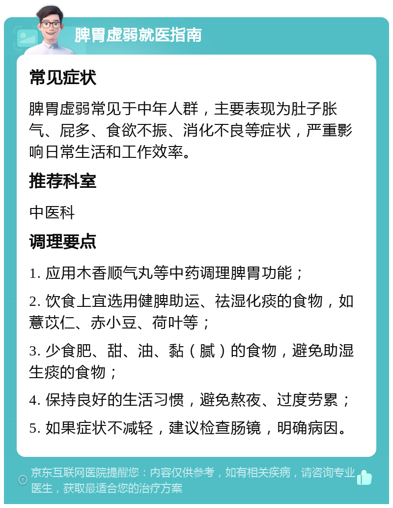 脾胃虚弱就医指南 常见症状 脾胃虚弱常见于中年人群，主要表现为肚子胀气、屁多、食欲不振、消化不良等症状，严重影响日常生活和工作效率。 推荐科室 中医科 调理要点 1. 应用木香顺气丸等中药调理脾胃功能； 2. 饮食上宜选用健脾助运、祛湿化痰的食物，如薏苡仁、赤小豆、荷叶等； 3. 少食肥、甜、油、黏（腻）的食物，避免助湿生痰的食物； 4. 保持良好的生活习惯，避免熬夜、过度劳累； 5. 如果症状不减轻，建议检查肠镜，明确病因。