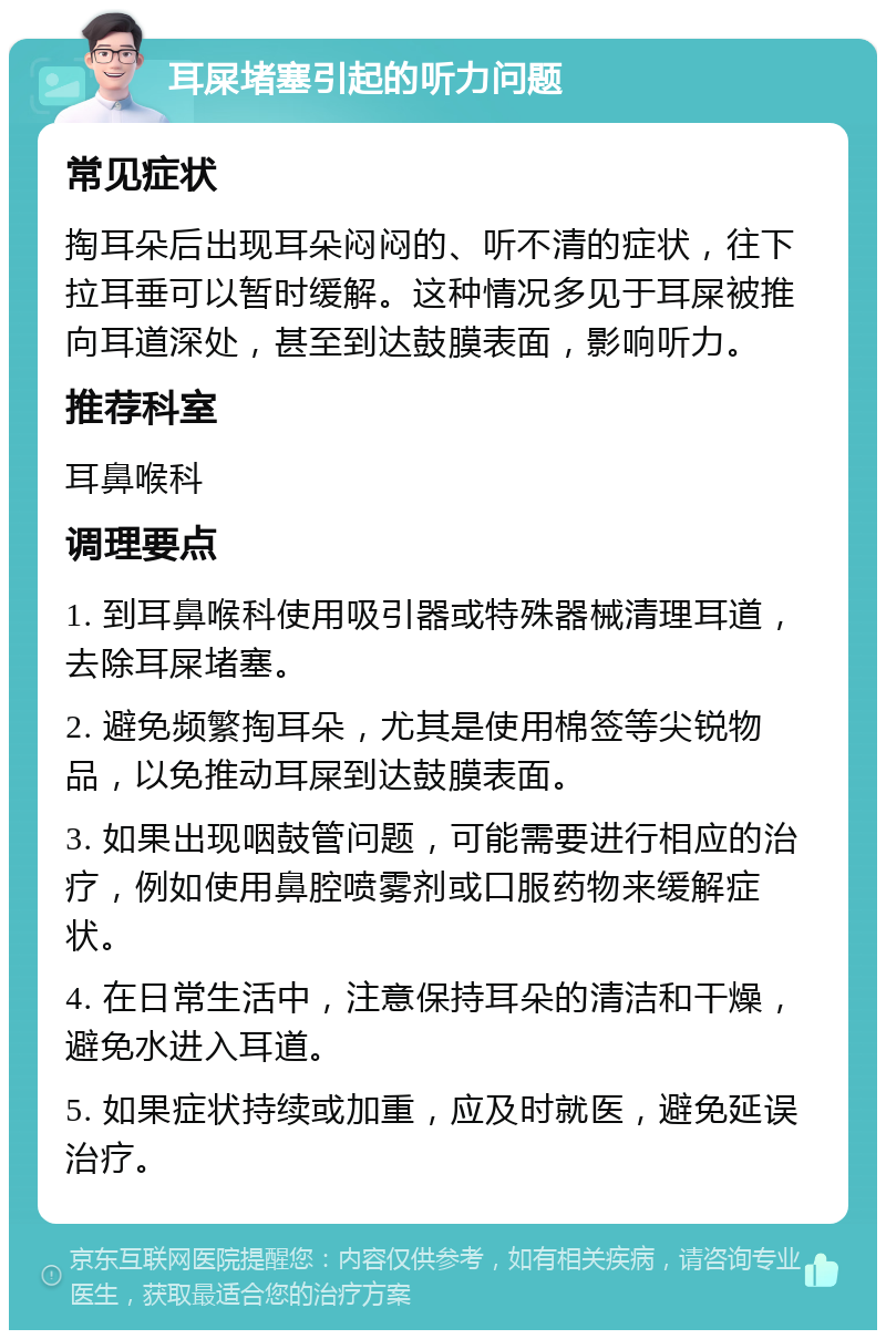 耳屎堵塞引起的听力问题 常见症状 掏耳朵后出现耳朵闷闷的、听不清的症状，往下拉耳垂可以暂时缓解。这种情况多见于耳屎被推向耳道深处，甚至到达鼓膜表面，影响听力。 推荐科室 耳鼻喉科 调理要点 1. 到耳鼻喉科使用吸引器或特殊器械清理耳道，去除耳屎堵塞。 2. 避免频繁掏耳朵，尤其是使用棉签等尖锐物品，以免推动耳屎到达鼓膜表面。 3. 如果出现咽鼓管问题，可能需要进行相应的治疗，例如使用鼻腔喷雾剂或口服药物来缓解症状。 4. 在日常生活中，注意保持耳朵的清洁和干燥，避免水进入耳道。 5. 如果症状持续或加重，应及时就医，避免延误治疗。