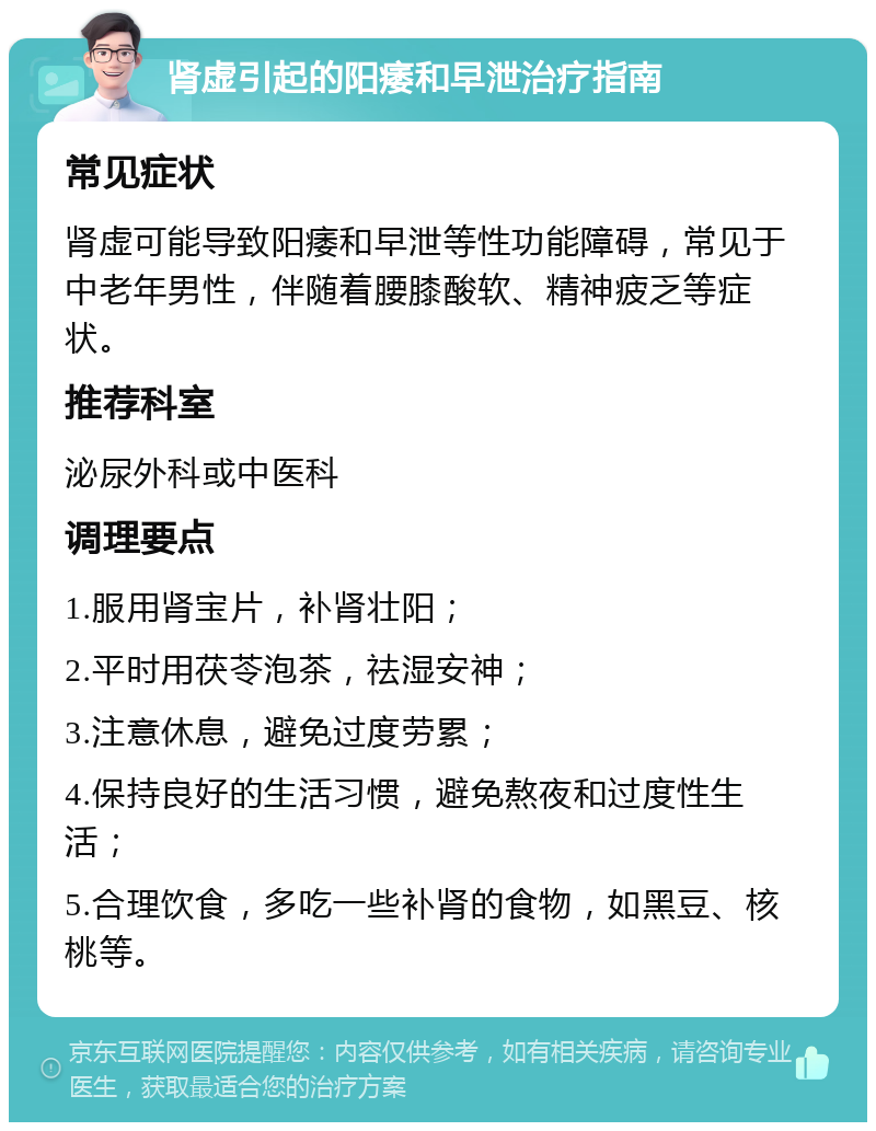 肾虚引起的阳痿和早泄治疗指南 常见症状 肾虚可能导致阳痿和早泄等性功能障碍，常见于中老年男性，伴随着腰膝酸软、精神疲乏等症状。 推荐科室 泌尿外科或中医科 调理要点 1.服用肾宝片，补肾壮阳； 2.平时用茯苓泡茶，祛湿安神； 3.注意休息，避免过度劳累； 4.保持良好的生活习惯，避免熬夜和过度性生活； 5.合理饮食，多吃一些补肾的食物，如黑豆、核桃等。