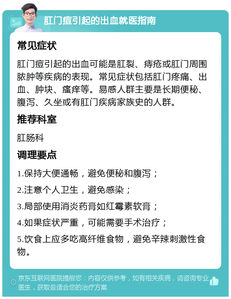 肛门痘引起的出血就医指南 常见症状 肛门痘引起的出血可能是肛裂、痔疮或肛门周围脓肿等疾病的表现。常见症状包括肛门疼痛、出血、肿块、瘙痒等。易感人群主要是长期便秘、腹泻、久坐或有肛门疾病家族史的人群。 推荐科室 肛肠科 调理要点 1.保持大便通畅，避免便秘和腹泻； 2.注意个人卫生，避免感染； 3.局部使用消炎药膏如红霉素软膏； 4.如果症状严重，可能需要手术治疗； 5.饮食上应多吃高纤维食物，避免辛辣刺激性食物。