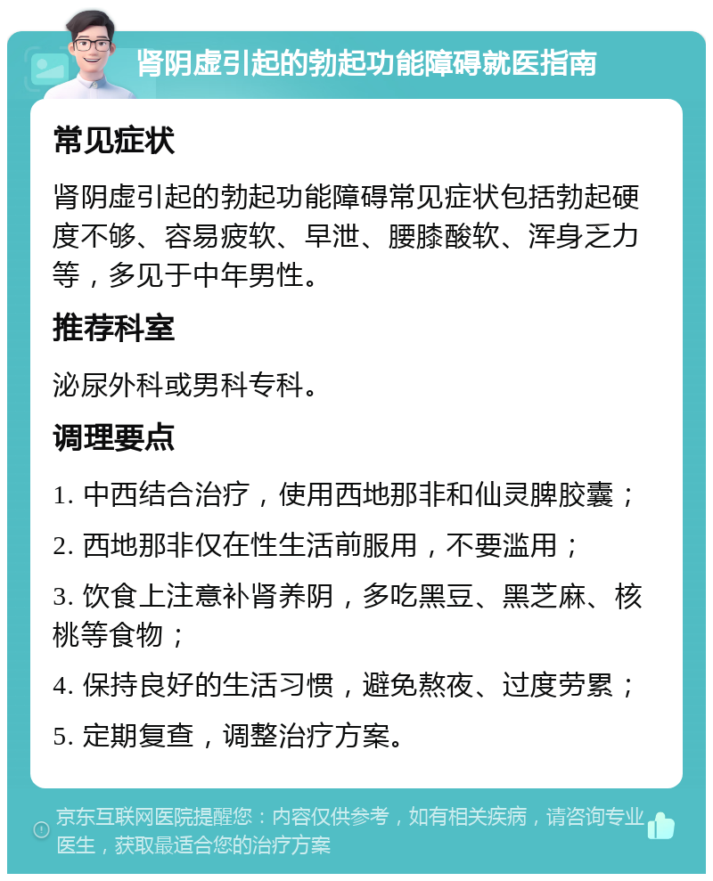 肾阴虚引起的勃起功能障碍就医指南 常见症状 肾阴虚引起的勃起功能障碍常见症状包括勃起硬度不够、容易疲软、早泄、腰膝酸软、浑身乏力等，多见于中年男性。 推荐科室 泌尿外科或男科专科。 调理要点 1. 中西结合治疗，使用西地那非和仙灵脾胶囊； 2. 西地那非仅在性生活前服用，不要滥用； 3. 饮食上注意补肾养阴，多吃黑豆、黑芝麻、核桃等食物； 4. 保持良好的生活习惯，避免熬夜、过度劳累； 5. 定期复查，调整治疗方案。