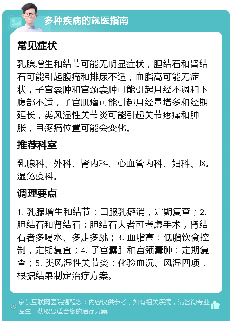 多种疾病的就医指南 常见症状 乳腺增生和结节可能无明显症状，胆结石和肾结石可能引起腹痛和排尿不适，血脂高可能无症状，子宫囊肿和宫颈囊肿可能引起月经不调和下腹部不适，子宫肌瘤可能引起月经量增多和经期延长，类风湿性关节炎可能引起关节疼痛和肿胀，且疼痛位置可能会变化。 推荐科室 乳腺科、外科、肾内科、心血管内科、妇科、风湿免疫科。 调理要点 1. 乳腺增生和结节：口服乳癖消，定期复查；2. 胆结石和肾结石：胆结石大者可考虑手术，肾结石者多喝水、多走多跳；3. 血脂高：低脂饮食控制，定期复查；4. 子宫囊肿和宫颈囊肿：定期复查；5. 类风湿性关节炎：化验血沉、风湿四项，根据结果制定治疗方案。