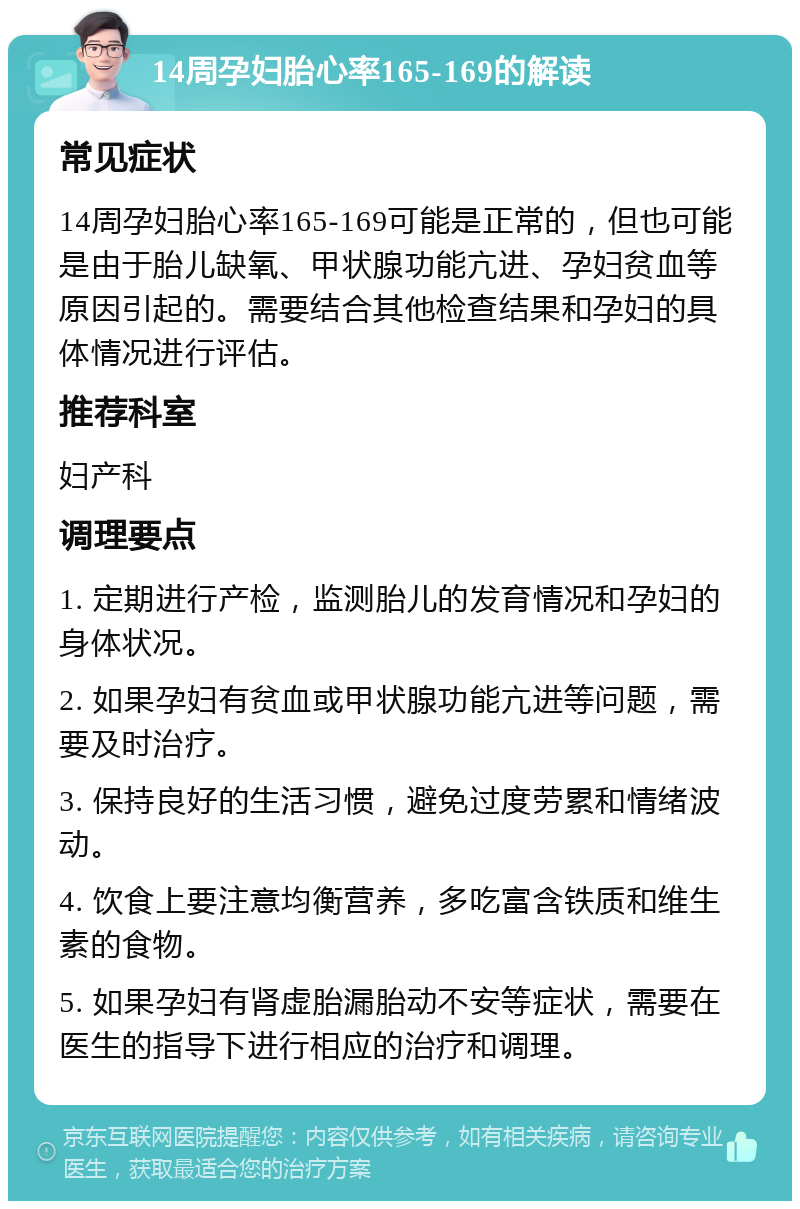 14周孕妇胎心率165-169的解读 常见症状 14周孕妇胎心率165-169可能是正常的，但也可能是由于胎儿缺氧、甲状腺功能亢进、孕妇贫血等原因引起的。需要结合其他检查结果和孕妇的具体情况进行评估。 推荐科室 妇产科 调理要点 1. 定期进行产检，监测胎儿的发育情况和孕妇的身体状况。 2. 如果孕妇有贫血或甲状腺功能亢进等问题，需要及时治疗。 3. 保持良好的生活习惯，避免过度劳累和情绪波动。 4. 饮食上要注意均衡营养，多吃富含铁质和维生素的食物。 5. 如果孕妇有肾虚胎漏胎动不安等症状，需要在医生的指导下进行相应的治疗和调理。