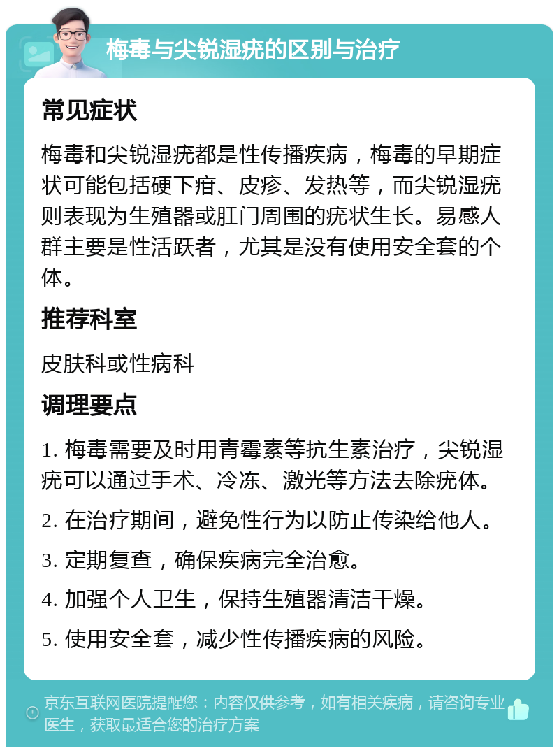 梅毒与尖锐湿疣的区别与治疗 常见症状 梅毒和尖锐湿疣都是性传播疾病，梅毒的早期症状可能包括硬下疳、皮疹、发热等，而尖锐湿疣则表现为生殖器或肛门周围的疣状生长。易感人群主要是性活跃者，尤其是没有使用安全套的个体。 推荐科室 皮肤科或性病科 调理要点 1. 梅毒需要及时用青霉素等抗生素治疗，尖锐湿疣可以通过手术、冷冻、激光等方法去除疣体。 2. 在治疗期间，避免性行为以防止传染给他人。 3. 定期复查，确保疾病完全治愈。 4. 加强个人卫生，保持生殖器清洁干燥。 5. 使用安全套，减少性传播疾病的风险。