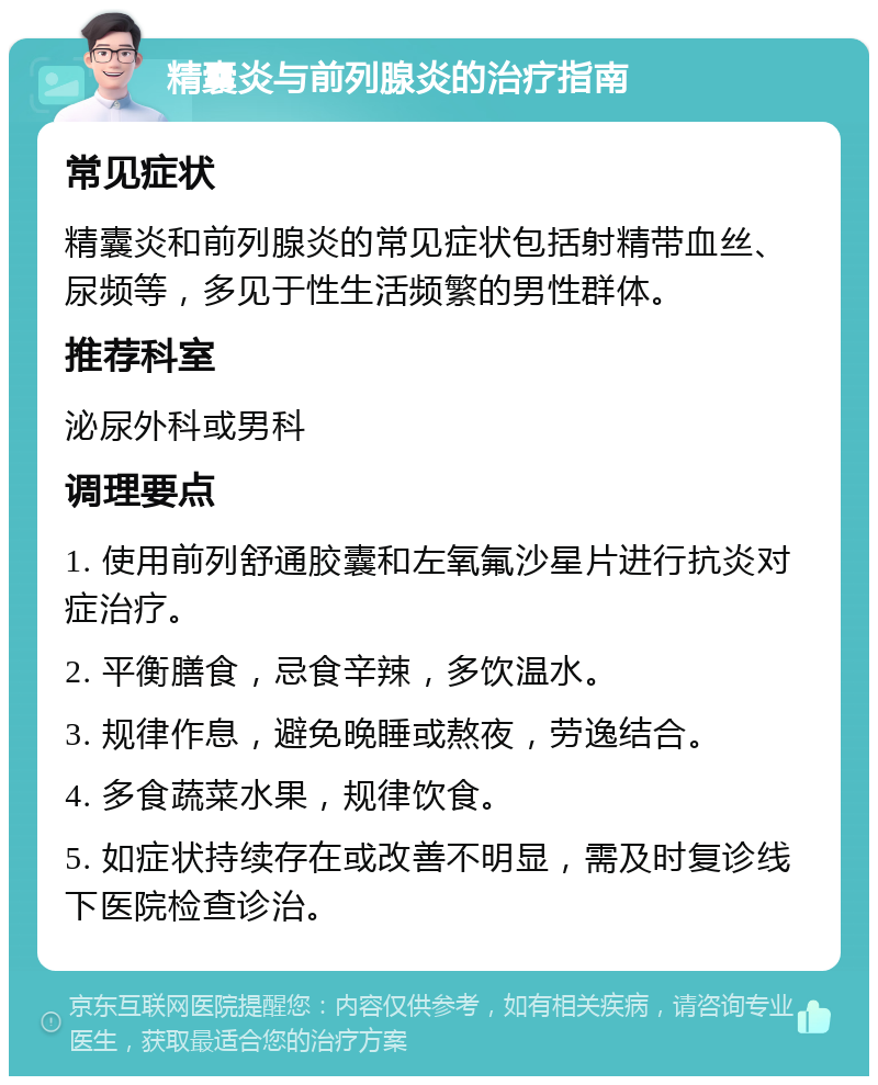 精囊炎与前列腺炎的治疗指南 常见症状 精囊炎和前列腺炎的常见症状包括射精带血丝、尿频等，多见于性生活频繁的男性群体。 推荐科室 泌尿外科或男科 调理要点 1. 使用前列舒通胶囊和左氧氟沙星片进行抗炎对症治疗。 2. 平衡膳食，忌食辛辣，多饮温水。 3. 规律作息，避免晚睡或熬夜，劳逸结合。 4. 多食蔬菜水果，规律饮食。 5. 如症状持续存在或改善不明显，需及时复诊线下医院检查诊治。