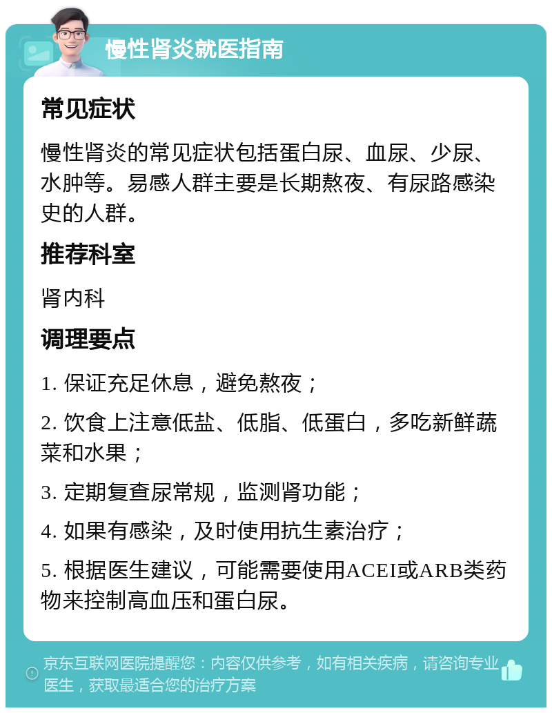 慢性肾炎就医指南 常见症状 慢性肾炎的常见症状包括蛋白尿、血尿、少尿、水肿等。易感人群主要是长期熬夜、有尿路感染史的人群。 推荐科室 肾内科 调理要点 1. 保证充足休息，避免熬夜； 2. 饮食上注意低盐、低脂、低蛋白，多吃新鲜蔬菜和水果； 3. 定期复查尿常规，监测肾功能； 4. 如果有感染，及时使用抗生素治疗； 5. 根据医生建议，可能需要使用ACEI或ARB类药物来控制高血压和蛋白尿。