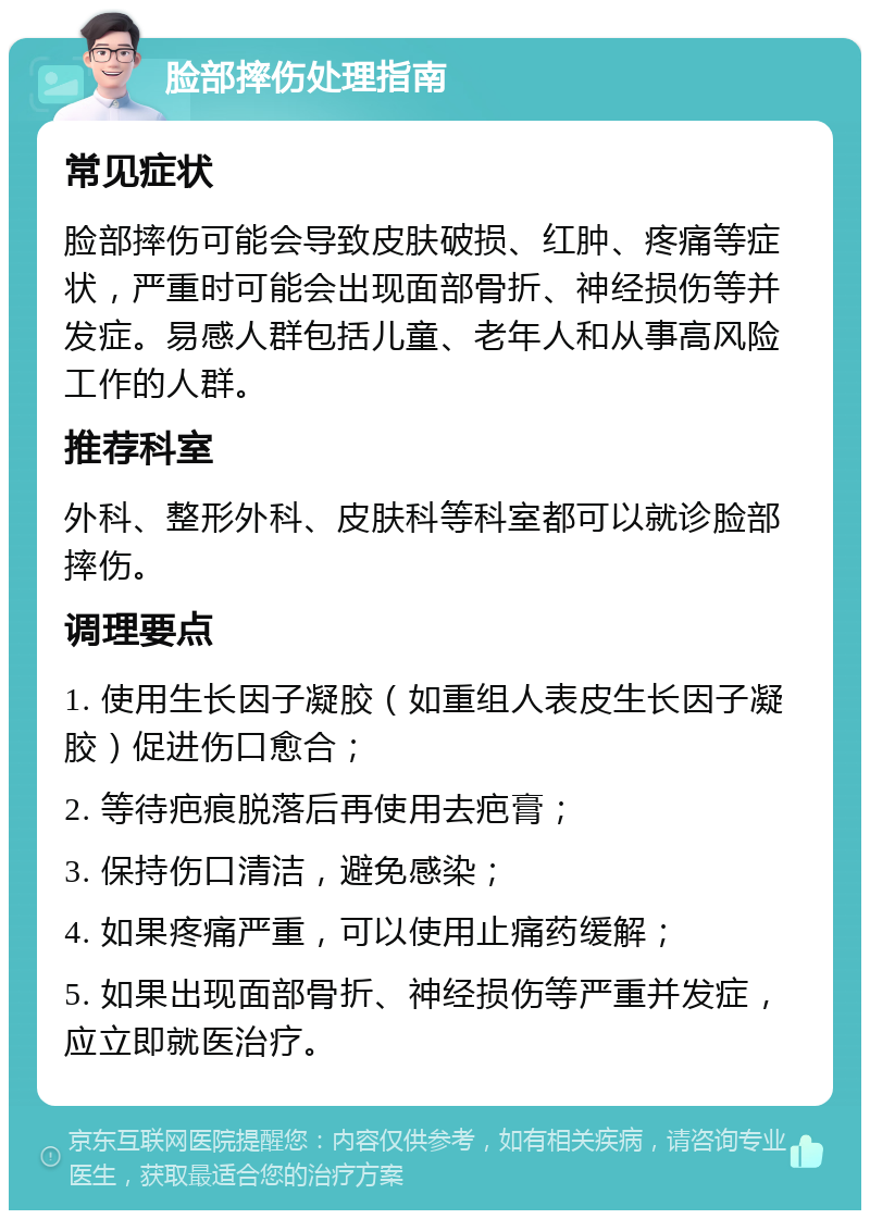 脸部摔伤处理指南 常见症状 脸部摔伤可能会导致皮肤破损、红肿、疼痛等症状，严重时可能会出现面部骨折、神经损伤等并发症。易感人群包括儿童、老年人和从事高风险工作的人群。 推荐科室 外科、整形外科、皮肤科等科室都可以就诊脸部摔伤。 调理要点 1. 使用生长因子凝胶（如重组人表皮生长因子凝胶）促进伤口愈合； 2. 等待疤痕脱落后再使用去疤膏； 3. 保持伤口清洁，避免感染； 4. 如果疼痛严重，可以使用止痛药缓解； 5. 如果出现面部骨折、神经损伤等严重并发症，应立即就医治疗。