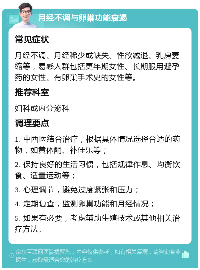 月经不调与卵巢功能衰竭 常见症状 月经不调、月经稀少或缺失、性欲减退、乳房萎缩等，易感人群包括更年期女性、长期服用避孕药的女性、有卵巢手术史的女性等。 推荐科室 妇科或内分泌科 调理要点 1. 中西医结合治疗，根据具体情况选择合适的药物，如黄体酮、补佳乐等； 2. 保持良好的生活习惯，包括规律作息、均衡饮食、适量运动等； 3. 心理调节，避免过度紧张和压力； 4. 定期复查，监测卵巢功能和月经情况； 5. 如果有必要，考虑辅助生殖技术或其他相关治疗方法。