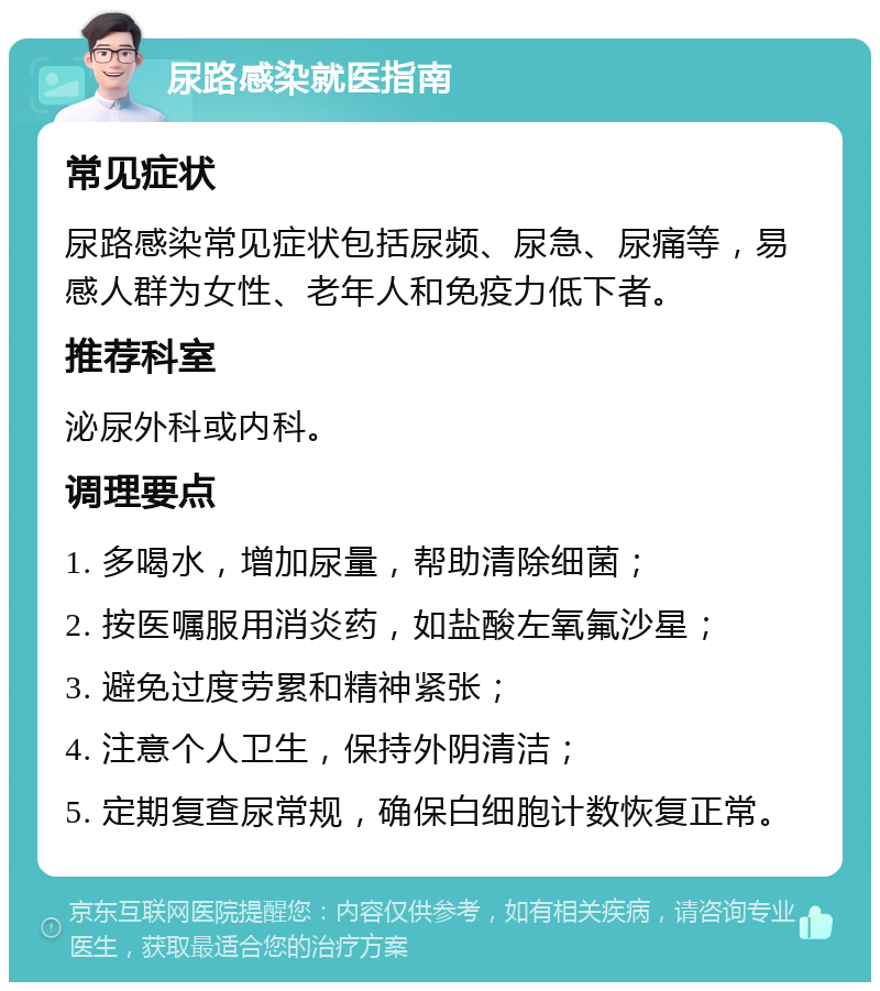 尿路感染就医指南 常见症状 尿路感染常见症状包括尿频、尿急、尿痛等，易感人群为女性、老年人和免疫力低下者。 推荐科室 泌尿外科或内科。 调理要点 1. 多喝水，增加尿量，帮助清除细菌； 2. 按医嘱服用消炎药，如盐酸左氧氟沙星； 3. 避免过度劳累和精神紧张； 4. 注意个人卫生，保持外阴清洁； 5. 定期复查尿常规，确保白细胞计数恢复正常。