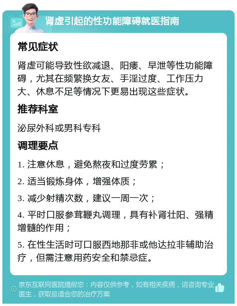 肾虚引起的性功能障碍就医指南 常见症状 肾虚可能导致性欲减退、阳痿、早泄等性功能障碍，尤其在频繁换女友、手淫过度、工作压力大、休息不足等情况下更易出现这些症状。 推荐科室 泌尿外科或男科专科 调理要点 1. 注意休息，避免熬夜和过度劳累； 2. 适当锻炼身体，增强体质； 3. 减少射精次数，建议一周一次； 4. 平时口服参茸鞭丸调理，具有补肾壮阳、强精增髓的作用； 5. 在性生活时可口服西地那非或他达拉非辅助治疗，但需注意用药安全和禁忌症。