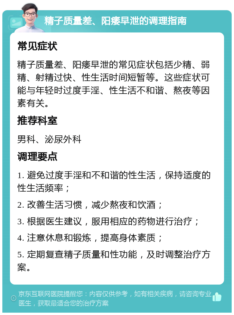 精子质量差、阳痿早泄的调理指南 常见症状 精子质量差、阳痿早泄的常见症状包括少精、弱精、射精过快、性生活时间短暂等。这些症状可能与年轻时过度手淫、性生活不和谐、熬夜等因素有关。 推荐科室 男科、泌尿外科 调理要点 1. 避免过度手淫和不和谐的性生活，保持适度的性生活频率； 2. 改善生活习惯，减少熬夜和饮酒； 3. 根据医生建议，服用相应的药物进行治疗； 4. 注意休息和锻炼，提高身体素质； 5. 定期复查精子质量和性功能，及时调整治疗方案。