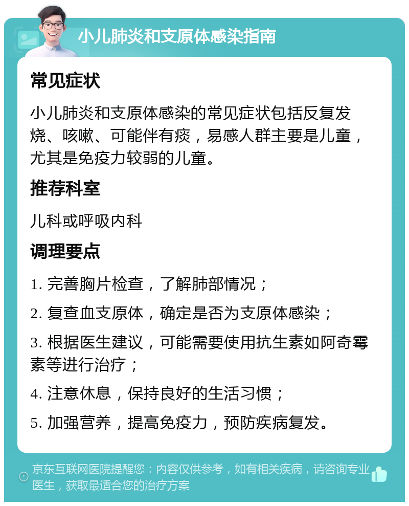 小儿肺炎和支原体感染指南 常见症状 小儿肺炎和支原体感染的常见症状包括反复发烧、咳嗽、可能伴有痰，易感人群主要是儿童，尤其是免疫力较弱的儿童。 推荐科室 儿科或呼吸内科 调理要点 1. 完善胸片检查，了解肺部情况； 2. 复查血支原体，确定是否为支原体感染； 3. 根据医生建议，可能需要使用抗生素如阿奇霉素等进行治疗； 4. 注意休息，保持良好的生活习惯； 5. 加强营养，提高免疫力，预防疾病复发。