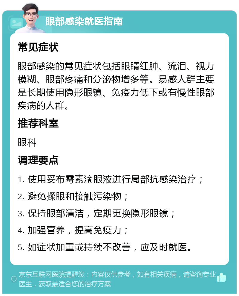 眼部感染就医指南 常见症状 眼部感染的常见症状包括眼睛红肿、流泪、视力模糊、眼部疼痛和分泌物增多等。易感人群主要是长期使用隐形眼镜、免疫力低下或有慢性眼部疾病的人群。 推荐科室 眼科 调理要点 1. 使用妥布霉素滴眼液进行局部抗感染治疗； 2. 避免揉眼和接触污染物； 3. 保持眼部清洁，定期更换隐形眼镜； 4. 加强营养，提高免疫力； 5. 如症状加重或持续不改善，应及时就医。