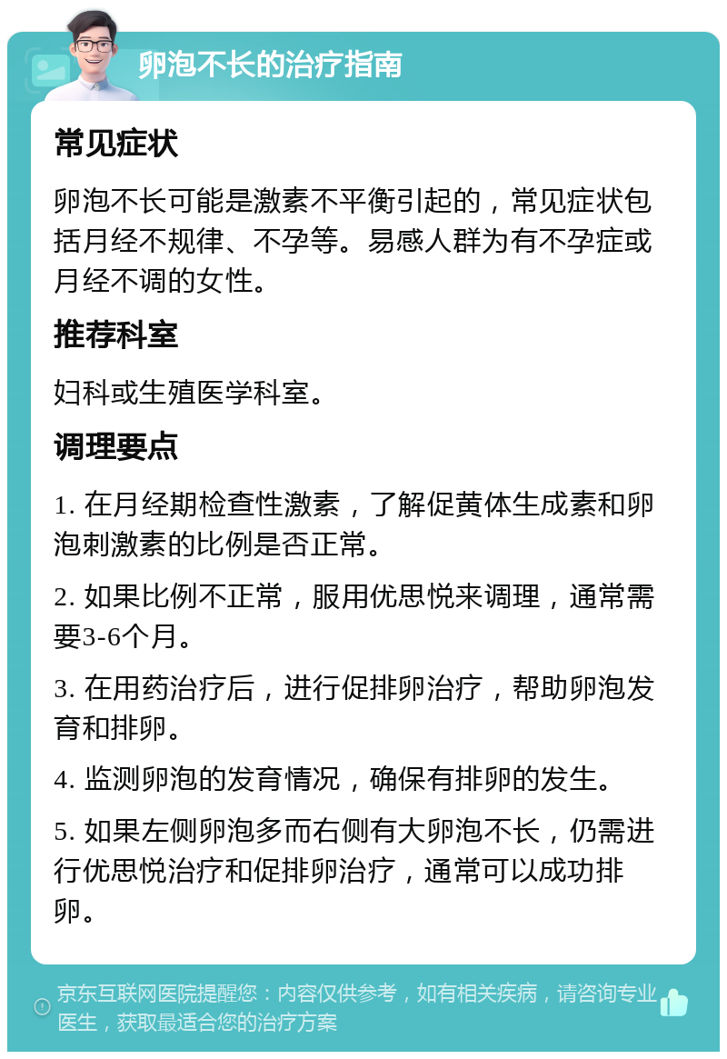 卵泡不长的治疗指南 常见症状 卵泡不长可能是激素不平衡引起的，常见症状包括月经不规律、不孕等。易感人群为有不孕症或月经不调的女性。 推荐科室 妇科或生殖医学科室。 调理要点 1. 在月经期检查性激素，了解促黄体生成素和卵泡刺激素的比例是否正常。 2. 如果比例不正常，服用优思悦来调理，通常需要3-6个月。 3. 在用药治疗后，进行促排卵治疗，帮助卵泡发育和排卵。 4. 监测卵泡的发育情况，确保有排卵的发生。 5. 如果左侧卵泡多而右侧有大卵泡不长，仍需进行优思悦治疗和促排卵治疗，通常可以成功排卵。