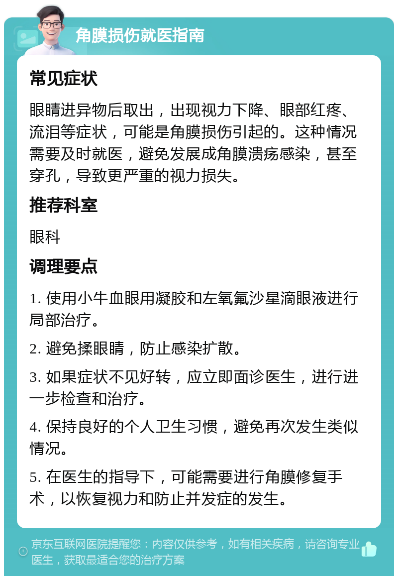 角膜损伤就医指南 常见症状 眼睛进异物后取出，出现视力下降、眼部红疼、流泪等症状，可能是角膜损伤引起的。这种情况需要及时就医，避免发展成角膜溃疡感染，甚至穿孔，导致更严重的视力损失。 推荐科室 眼科 调理要点 1. 使用小牛血眼用凝胶和左氧氟沙星滴眼液进行局部治疗。 2. 避免揉眼睛，防止感染扩散。 3. 如果症状不见好转，应立即面诊医生，进行进一步检查和治疗。 4. 保持良好的个人卫生习惯，避免再次发生类似情况。 5. 在医生的指导下，可能需要进行角膜修复手术，以恢复视力和防止并发症的发生。