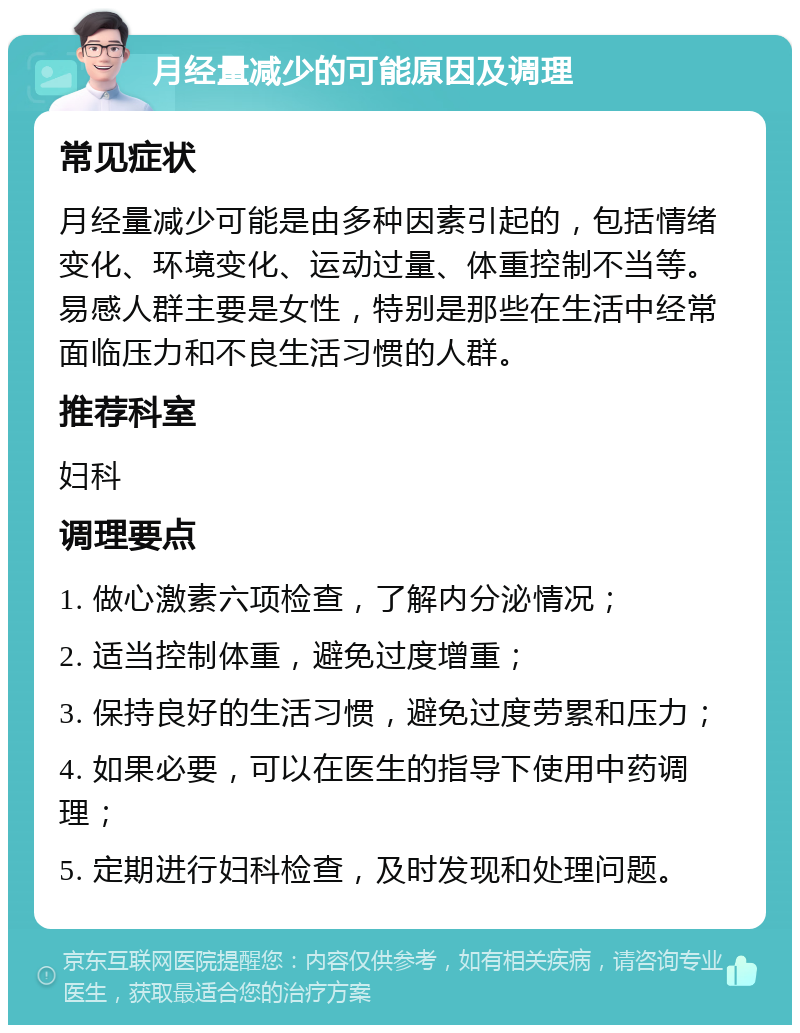 月经量减少的可能原因及调理 常见症状 月经量减少可能是由多种因素引起的，包括情绪变化、环境变化、运动过量、体重控制不当等。易感人群主要是女性，特别是那些在生活中经常面临压力和不良生活习惯的人群。 推荐科室 妇科 调理要点 1. 做心激素六项检查，了解内分泌情况； 2. 适当控制体重，避免过度增重； 3. 保持良好的生活习惯，避免过度劳累和压力； 4. 如果必要，可以在医生的指导下使用中药调理； 5. 定期进行妇科检查，及时发现和处理问题。