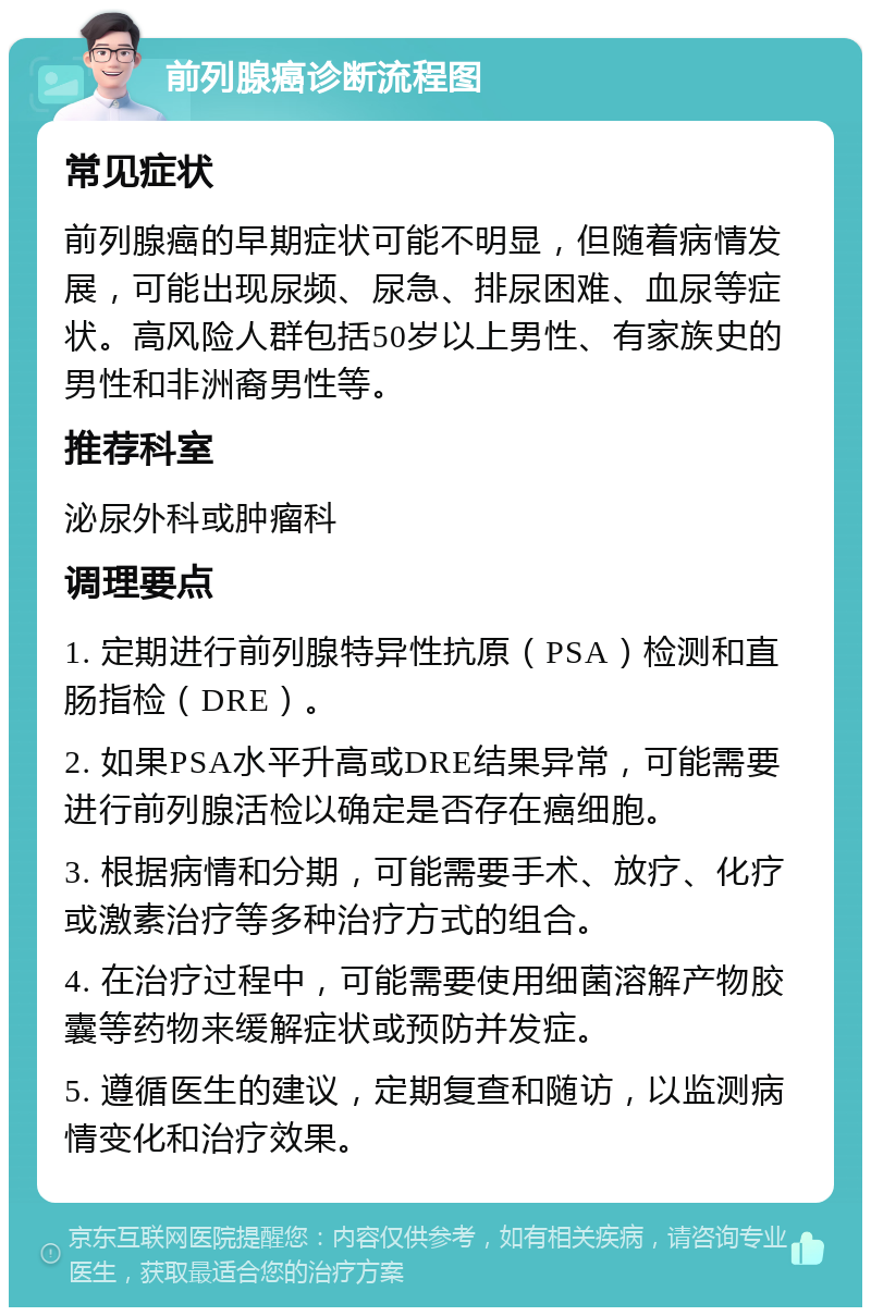 前列腺癌诊断流程图 常见症状 前列腺癌的早期症状可能不明显，但随着病情发展，可能出现尿频、尿急、排尿困难、血尿等症状。高风险人群包括50岁以上男性、有家族史的男性和非洲裔男性等。 推荐科室 泌尿外科或肿瘤科 调理要点 1. 定期进行前列腺特异性抗原（PSA）检测和直肠指检（DRE）。 2. 如果PSA水平升高或DRE结果异常，可能需要进行前列腺活检以确定是否存在癌细胞。 3. 根据病情和分期，可能需要手术、放疗、化疗或激素治疗等多种治疗方式的组合。 4. 在治疗过程中，可能需要使用细菌溶解产物胶囊等药物来缓解症状或预防并发症。 5. 遵循医生的建议，定期复查和随访，以监测病情变化和治疗效果。