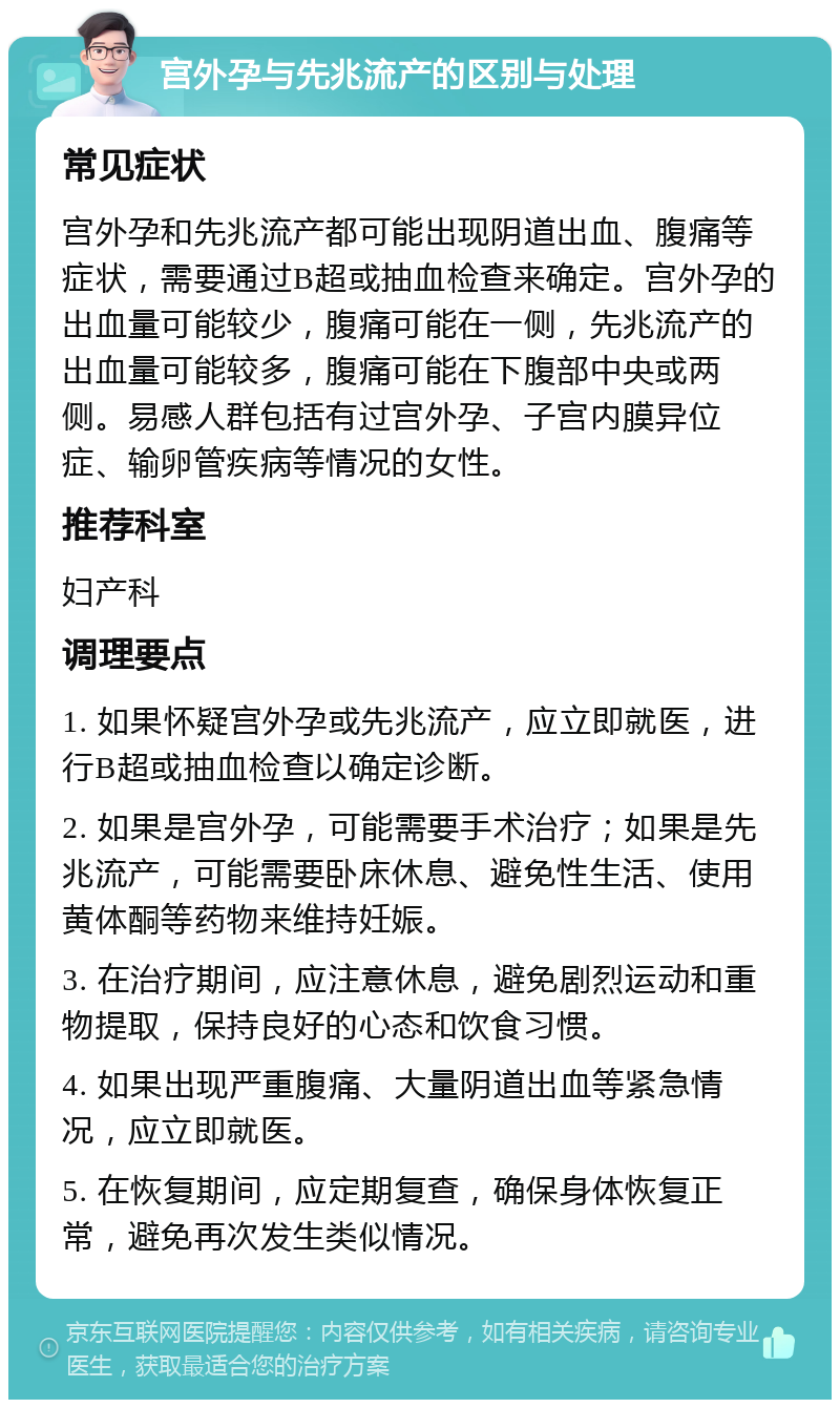 宫外孕与先兆流产的区别与处理 常见症状 宫外孕和先兆流产都可能出现阴道出血、腹痛等症状，需要通过B超或抽血检查来确定。宫外孕的出血量可能较少，腹痛可能在一侧，先兆流产的出血量可能较多，腹痛可能在下腹部中央或两侧。易感人群包括有过宫外孕、子宫内膜异位症、输卵管疾病等情况的女性。 推荐科室 妇产科 调理要点 1. 如果怀疑宫外孕或先兆流产，应立即就医，进行B超或抽血检查以确定诊断。 2. 如果是宫外孕，可能需要手术治疗；如果是先兆流产，可能需要卧床休息、避免性生活、使用黄体酮等药物来维持妊娠。 3. 在治疗期间，应注意休息，避免剧烈运动和重物提取，保持良好的心态和饮食习惯。 4. 如果出现严重腹痛、大量阴道出血等紧急情况，应立即就医。 5. 在恢复期间，应定期复查，确保身体恢复正常，避免再次发生类似情况。