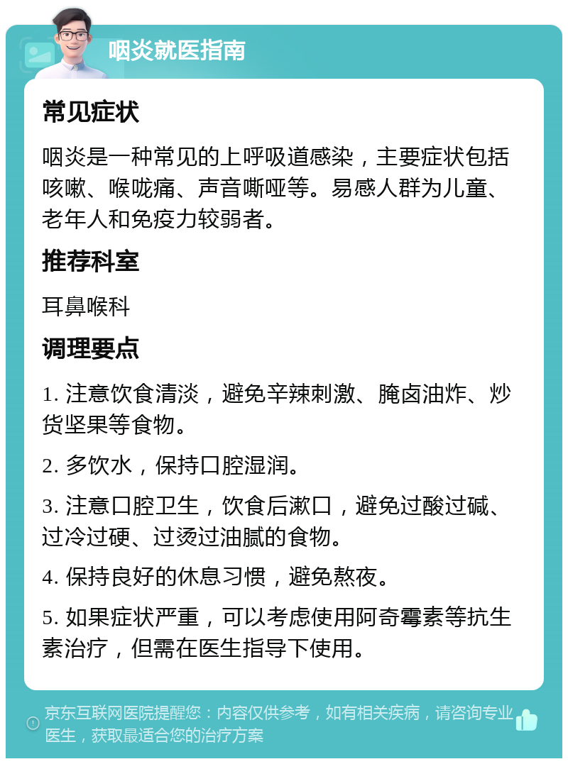 咽炎就医指南 常见症状 咽炎是一种常见的上呼吸道感染，主要症状包括咳嗽、喉咙痛、声音嘶哑等。易感人群为儿童、老年人和免疫力较弱者。 推荐科室 耳鼻喉科 调理要点 1. 注意饮食清淡，避免辛辣刺激、腌卤油炸、炒货坚果等食物。 2. 多饮水，保持口腔湿润。 3. 注意口腔卫生，饮食后漱口，避免过酸过碱、过冷过硬、过烫过油腻的食物。 4. 保持良好的休息习惯，避免熬夜。 5. 如果症状严重，可以考虑使用阿奇霉素等抗生素治疗，但需在医生指导下使用。