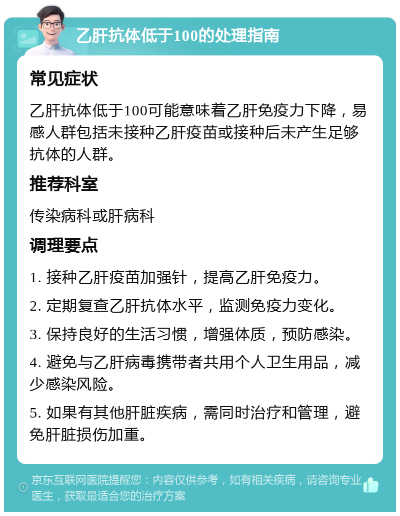 乙肝抗体低于100的处理指南 常见症状 乙肝抗体低于100可能意味着乙肝免疫力下降，易感人群包括未接种乙肝疫苗或接种后未产生足够抗体的人群。 推荐科室 传染病科或肝病科 调理要点 1. 接种乙肝疫苗加强针，提高乙肝免疫力。 2. 定期复查乙肝抗体水平，监测免疫力变化。 3. 保持良好的生活习惯，增强体质，预防感染。 4. 避免与乙肝病毒携带者共用个人卫生用品，减少感染风险。 5. 如果有其他肝脏疾病，需同时治疗和管理，避免肝脏损伤加重。