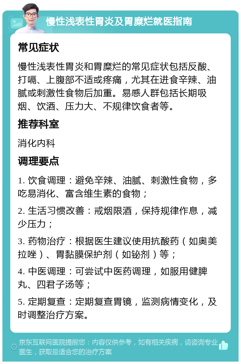 慢性浅表性胃炎及胃糜烂就医指南 常见症状 慢性浅表性胃炎和胃糜烂的常见症状包括反酸、打嗝、上腹部不适或疼痛，尤其在进食辛辣、油腻或刺激性食物后加重。易感人群包括长期吸烟、饮酒、压力大、不规律饮食者等。 推荐科室 消化内科 调理要点 1. 饮食调理：避免辛辣、油腻、刺激性食物，多吃易消化、富含维生素的食物； 2. 生活习惯改善：戒烟限酒，保持规律作息，减少压力； 3. 药物治疗：根据医生建议使用抗酸药（如奥美拉唑）、胃黏膜保护剂（如铋剂）等； 4. 中医调理：可尝试中医药调理，如服用健脾丸、四君子汤等； 5. 定期复查：定期复查胃镜，监测病情变化，及时调整治疗方案。