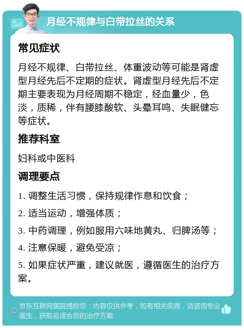 月经不规律与白带拉丝的关系 常见症状 月经不规律、白带拉丝、体重波动等可能是肾虚型月经先后不定期的症状。肾虚型月经先后不定期主要表现为月经周期不稳定，经血量少，色淡，质稀，伴有腰膝酸软、头晕耳鸣、失眠健忘等症状。 推荐科室 妇科或中医科 调理要点 1. 调整生活习惯，保持规律作息和饮食； 2. 适当运动，增强体质； 3. 中药调理，例如服用六味地黄丸、归脾汤等； 4. 注意保暖，避免受凉； 5. 如果症状严重，建议就医，遵循医生的治疗方案。