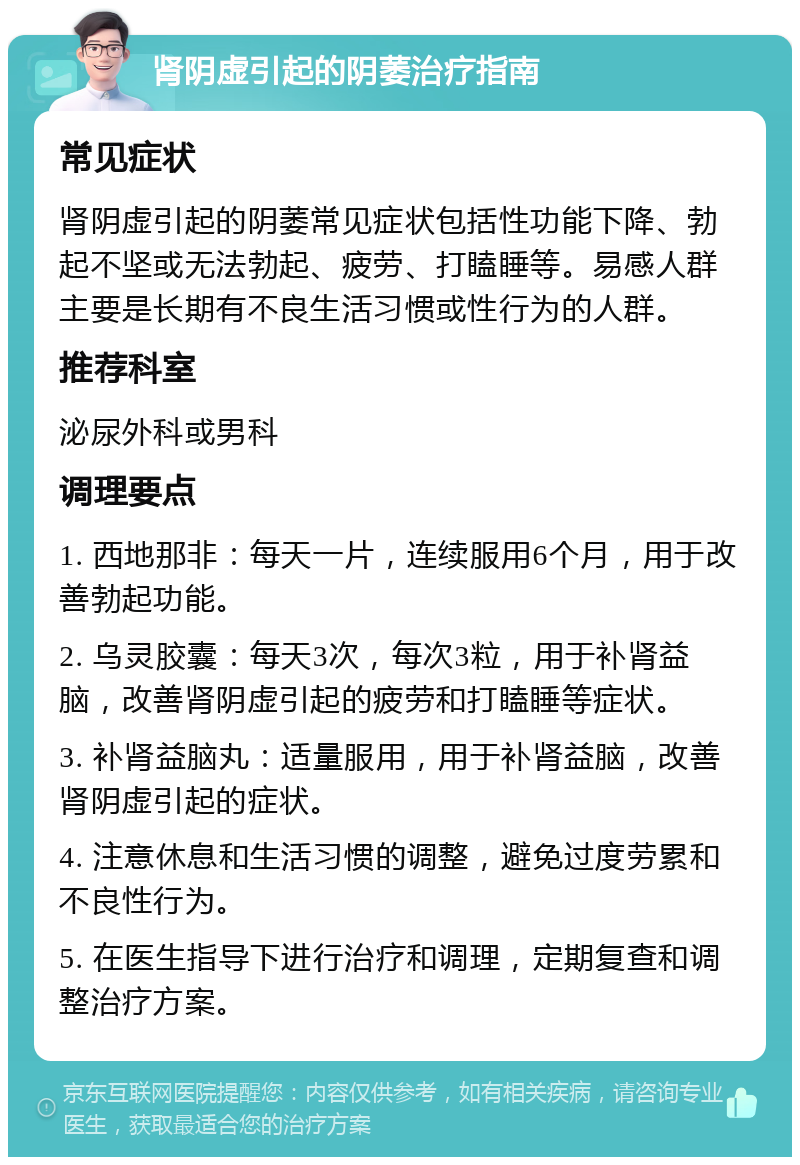 肾阴虚引起的阴萎治疗指南 常见症状 肾阴虚引起的阴萎常见症状包括性功能下降、勃起不坚或无法勃起、疲劳、打瞌睡等。易感人群主要是长期有不良生活习惯或性行为的人群。 推荐科室 泌尿外科或男科 调理要点 1. 西地那非：每天一片，连续服用6个月，用于改善勃起功能。 2. 乌灵胶囊：每天3次，每次3粒，用于补肾益脑，改善肾阴虚引起的疲劳和打瞌睡等症状。 3. 补肾益脑丸：适量服用，用于补肾益脑，改善肾阴虚引起的症状。 4. 注意休息和生活习惯的调整，避免过度劳累和不良性行为。 5. 在医生指导下进行治疗和调理，定期复查和调整治疗方案。