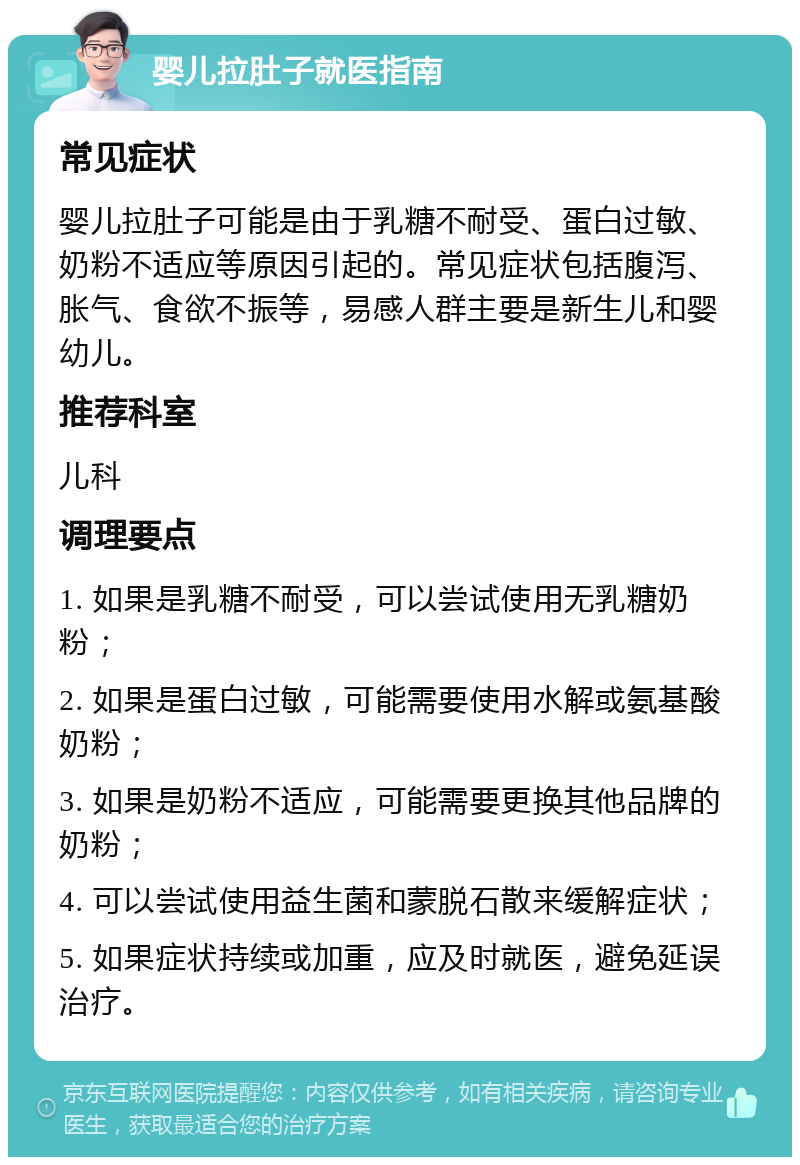 婴儿拉肚子就医指南 常见症状 婴儿拉肚子可能是由于乳糖不耐受、蛋白过敏、奶粉不适应等原因引起的。常见症状包括腹泻、胀气、食欲不振等，易感人群主要是新生儿和婴幼儿。 推荐科室 儿科 调理要点 1. 如果是乳糖不耐受，可以尝试使用无乳糖奶粉； 2. 如果是蛋白过敏，可能需要使用水解或氨基酸奶粉； 3. 如果是奶粉不适应，可能需要更换其他品牌的奶粉； 4. 可以尝试使用益生菌和蒙脱石散来缓解症状； 5. 如果症状持续或加重，应及时就医，避免延误治疗。