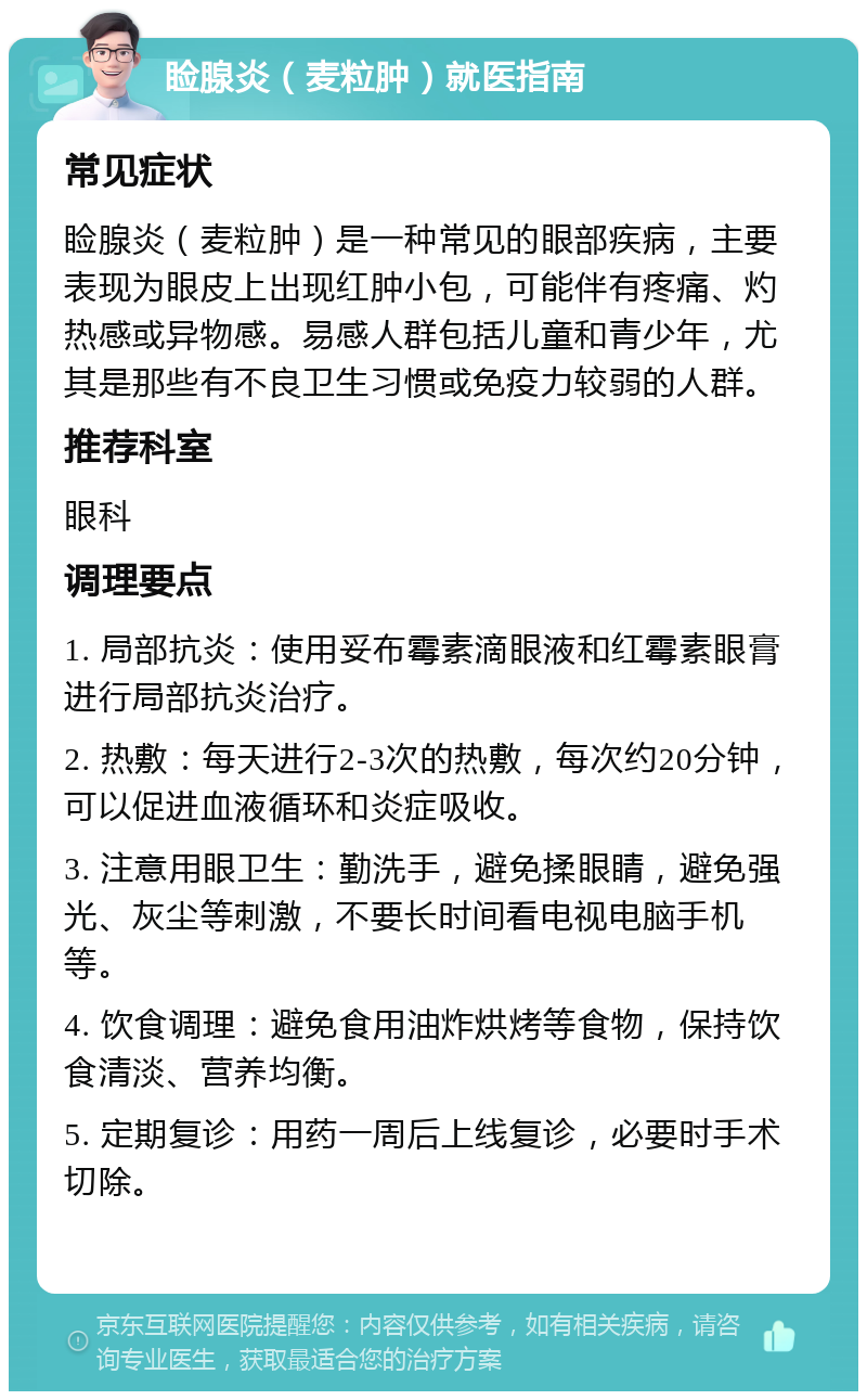 睑腺炎（麦粒肿）就医指南 常见症状 睑腺炎（麦粒肿）是一种常见的眼部疾病，主要表现为眼皮上出现红肿小包，可能伴有疼痛、灼热感或异物感。易感人群包括儿童和青少年，尤其是那些有不良卫生习惯或免疫力较弱的人群。 推荐科室 眼科 调理要点 1. 局部抗炎：使用妥布霉素滴眼液和红霉素眼膏进行局部抗炎治疗。 2. 热敷：每天进行2-3次的热敷，每次约20分钟，可以促进血液循环和炎症吸收。 3. 注意用眼卫生：勤洗手，避免揉眼睛，避免强光、灰尘等刺激，不要长时间看电视电脑手机等。 4. 饮食调理：避免食用油炸烘烤等食物，保持饮食清淡、营养均衡。 5. 定期复诊：用药一周后上线复诊，必要时手术切除。