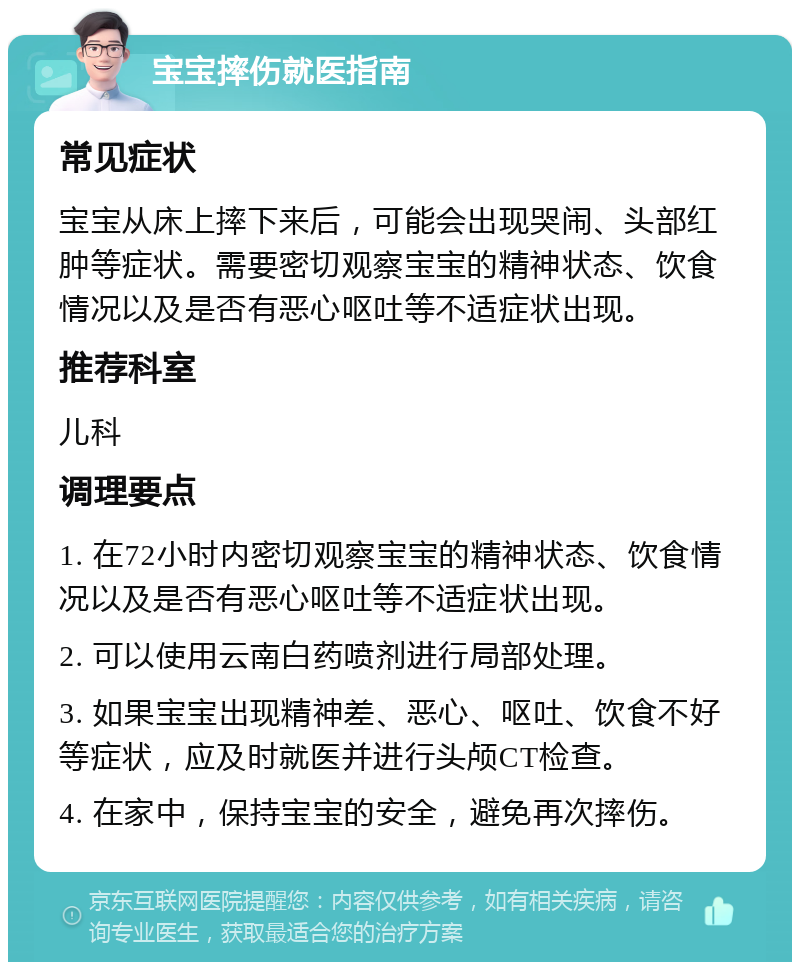 宝宝摔伤就医指南 常见症状 宝宝从床上摔下来后，可能会出现哭闹、头部红肿等症状。需要密切观察宝宝的精神状态、饮食情况以及是否有恶心呕吐等不适症状出现。 推荐科室 儿科 调理要点 1. 在72小时内密切观察宝宝的精神状态、饮食情况以及是否有恶心呕吐等不适症状出现。 2. 可以使用云南白药喷剂进行局部处理。 3. 如果宝宝出现精神差、恶心、呕吐、饮食不好等症状，应及时就医并进行头颅CT检查。 4. 在家中，保持宝宝的安全，避免再次摔伤。