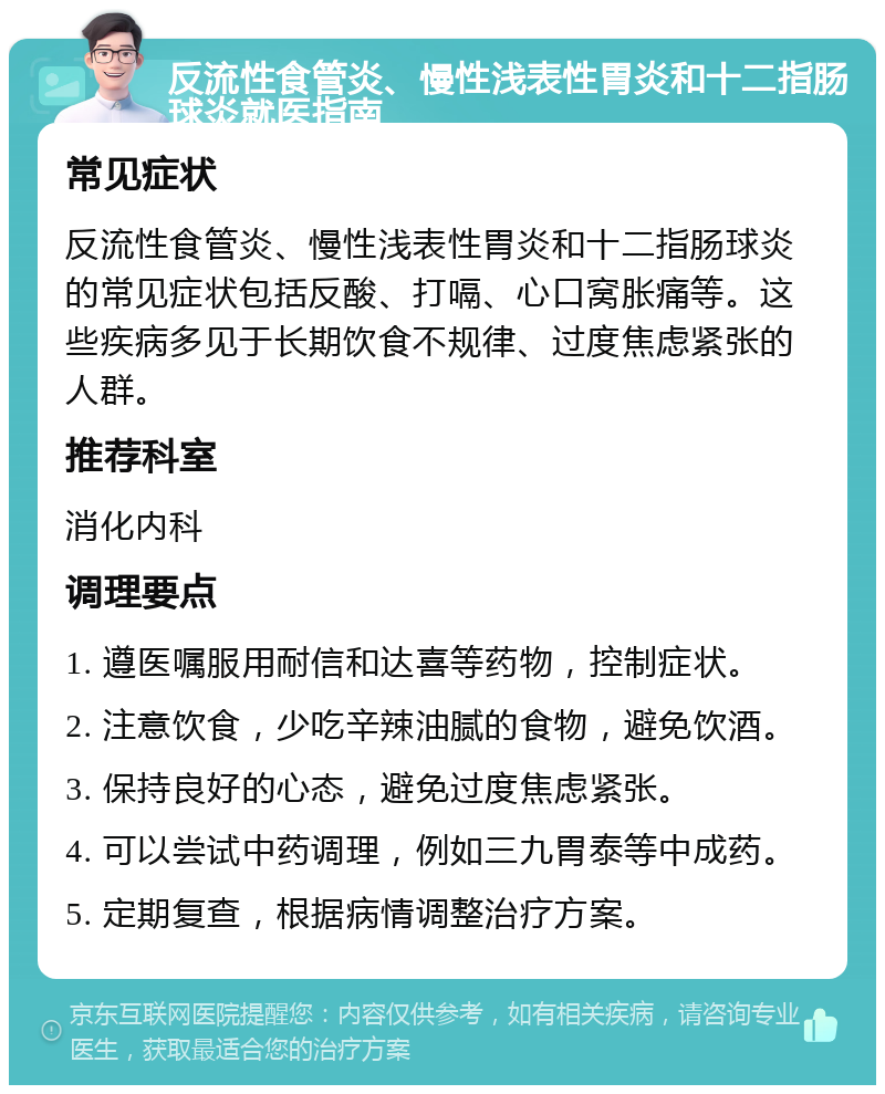 反流性食管炎、慢性浅表性胃炎和十二指肠球炎就医指南 常见症状 反流性食管炎、慢性浅表性胃炎和十二指肠球炎的常见症状包括反酸、打嗝、心口窝胀痛等。这些疾病多见于长期饮食不规律、过度焦虑紧张的人群。 推荐科室 消化内科 调理要点 1. 遵医嘱服用耐信和达喜等药物，控制症状。 2. 注意饮食，少吃辛辣油腻的食物，避免饮酒。 3. 保持良好的心态，避免过度焦虑紧张。 4. 可以尝试中药调理，例如三九胃泰等中成药。 5. 定期复查，根据病情调整治疗方案。