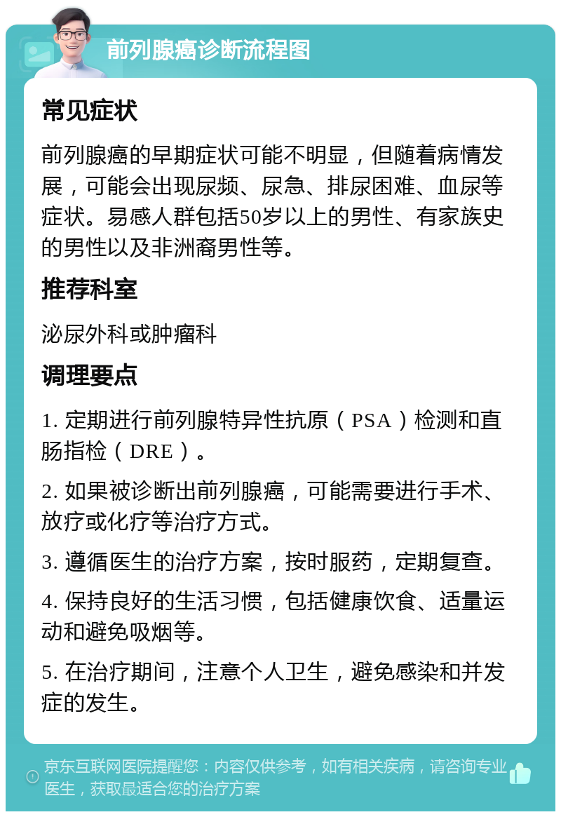 前列腺癌诊断流程图 常见症状 前列腺癌的早期症状可能不明显，但随着病情发展，可能会出现尿频、尿急、排尿困难、血尿等症状。易感人群包括50岁以上的男性、有家族史的男性以及非洲裔男性等。 推荐科室 泌尿外科或肿瘤科 调理要点 1. 定期进行前列腺特异性抗原（PSA）检测和直肠指检（DRE）。 2. 如果被诊断出前列腺癌，可能需要进行手术、放疗或化疗等治疗方式。 3. 遵循医生的治疗方案，按时服药，定期复查。 4. 保持良好的生活习惯，包括健康饮食、适量运动和避免吸烟等。 5. 在治疗期间，注意个人卫生，避免感染和并发症的发生。