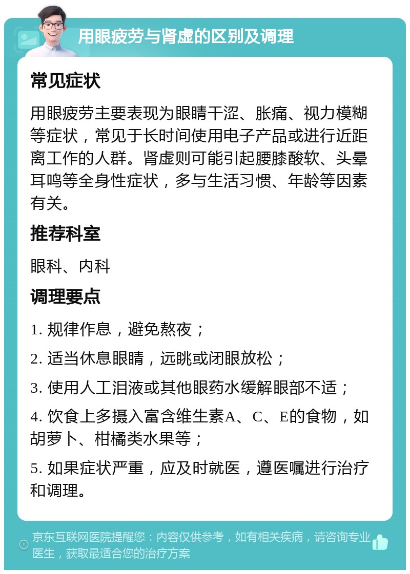 用眼疲劳与肾虚的区别及调理 常见症状 用眼疲劳主要表现为眼睛干涩、胀痛、视力模糊等症状，常见于长时间使用电子产品或进行近距离工作的人群。肾虚则可能引起腰膝酸软、头晕耳鸣等全身性症状，多与生活习惯、年龄等因素有关。 推荐科室 眼科、内科 调理要点 1. 规律作息，避免熬夜； 2. 适当休息眼睛，远眺或闭眼放松； 3. 使用人工泪液或其他眼药水缓解眼部不适； 4. 饮食上多摄入富含维生素A、C、E的食物，如胡萝卜、柑橘类水果等； 5. 如果症状严重，应及时就医，遵医嘱进行治疗和调理。