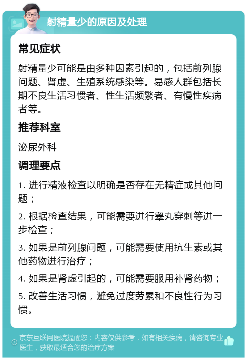 射精量少的原因及处理 常见症状 射精量少可能是由多种因素引起的，包括前列腺问题、肾虚、生殖系统感染等。易感人群包括长期不良生活习惯者、性生活频繁者、有慢性疾病者等。 推荐科室 泌尿外科 调理要点 1. 进行精液检查以明确是否存在无精症或其他问题； 2. 根据检查结果，可能需要进行睾丸穿刺等进一步检查； 3. 如果是前列腺问题，可能需要使用抗生素或其他药物进行治疗； 4. 如果是肾虚引起的，可能需要服用补肾药物； 5. 改善生活习惯，避免过度劳累和不良性行为习惯。