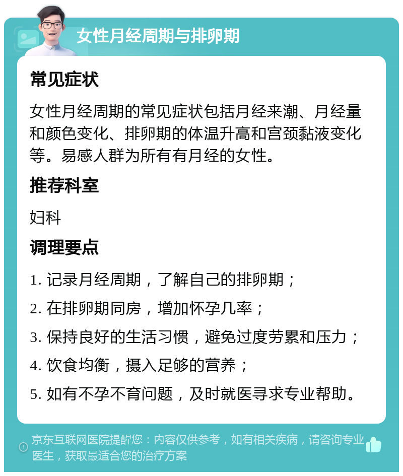 女性月经周期与排卵期 常见症状 女性月经周期的常见症状包括月经来潮、月经量和颜色变化、排卵期的体温升高和宫颈黏液变化等。易感人群为所有有月经的女性。 推荐科室 妇科 调理要点 1. 记录月经周期，了解自己的排卵期； 2. 在排卵期同房，增加怀孕几率； 3. 保持良好的生活习惯，避免过度劳累和压力； 4. 饮食均衡，摄入足够的营养； 5. 如有不孕不育问题，及时就医寻求专业帮助。