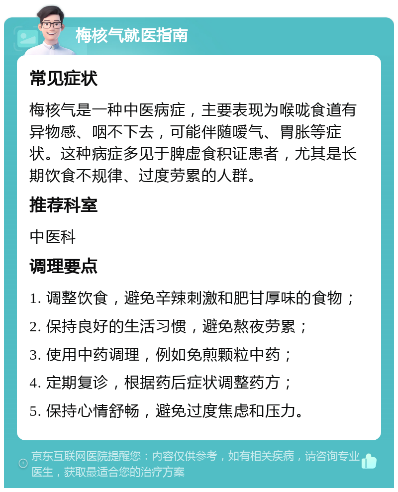 梅核气就医指南 常见症状 梅核气是一种中医病症，主要表现为喉咙食道有异物感、咽不下去，可能伴随嗳气、胃胀等症状。这种病症多见于脾虚食积证患者，尤其是长期饮食不规律、过度劳累的人群。 推荐科室 中医科 调理要点 1. 调整饮食，避免辛辣刺激和肥甘厚味的食物； 2. 保持良好的生活习惯，避免熬夜劳累； 3. 使用中药调理，例如免煎颗粒中药； 4. 定期复诊，根据药后症状调整药方； 5. 保持心情舒畅，避免过度焦虑和压力。