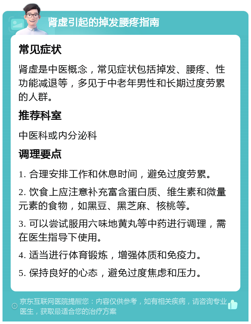 肾虚引起的掉发腰疼指南 常见症状 肾虚是中医概念，常见症状包括掉发、腰疼、性功能减退等，多见于中老年男性和长期过度劳累的人群。 推荐科室 中医科或内分泌科 调理要点 1. 合理安排工作和休息时间，避免过度劳累。 2. 饮食上应注意补充富含蛋白质、维生素和微量元素的食物，如黑豆、黑芝麻、核桃等。 3. 可以尝试服用六味地黄丸等中药进行调理，需在医生指导下使用。 4. 适当进行体育锻炼，增强体质和免疫力。 5. 保持良好的心态，避免过度焦虑和压力。