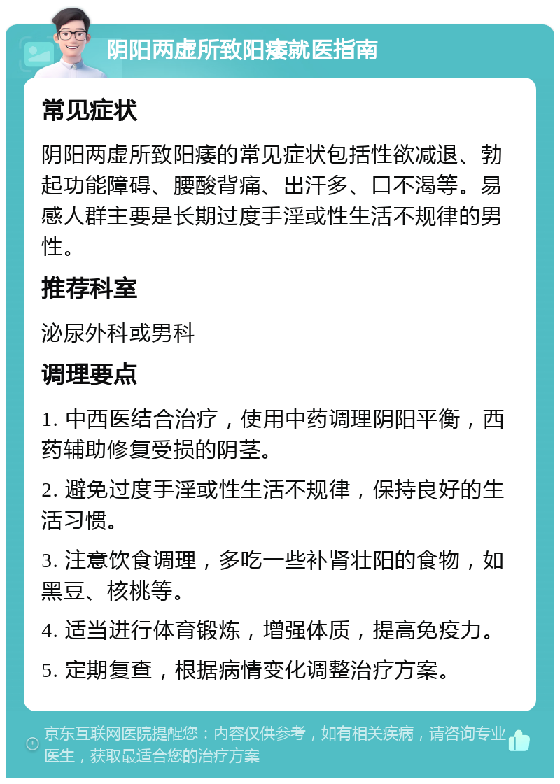 阴阳两虚所致阳痿就医指南 常见症状 阴阳两虚所致阳痿的常见症状包括性欲减退、勃起功能障碍、腰酸背痛、出汗多、口不渴等。易感人群主要是长期过度手淫或性生活不规律的男性。 推荐科室 泌尿外科或男科 调理要点 1. 中西医结合治疗，使用中药调理阴阳平衡，西药辅助修复受损的阴茎。 2. 避免过度手淫或性生活不规律，保持良好的生活习惯。 3. 注意饮食调理，多吃一些补肾壮阳的食物，如黑豆、核桃等。 4. 适当进行体育锻炼，增强体质，提高免疫力。 5. 定期复查，根据病情变化调整治疗方案。