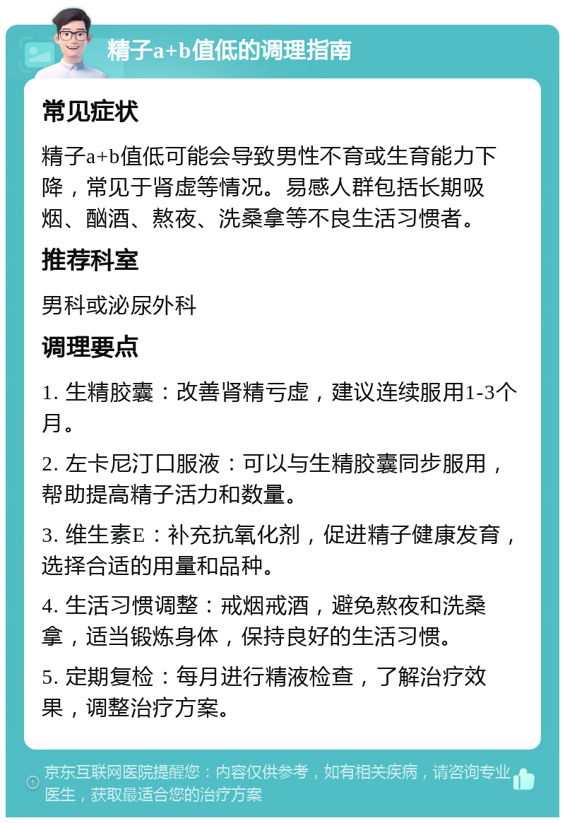 精子a+b值低的调理指南 常见症状 精子a+b值低可能会导致男性不育或生育能力下降，常见于肾虚等情况。易感人群包括长期吸烟、酗酒、熬夜、洗桑拿等不良生活习惯者。 推荐科室 男科或泌尿外科 调理要点 1. 生精胶囊：改善肾精亏虚，建议连续服用1-3个月。 2. 左卡尼汀口服液：可以与生精胶囊同步服用，帮助提高精子活力和数量。 3. 维生素E：补充抗氧化剂，促进精子健康发育，选择合适的用量和品种。 4. 生活习惯调整：戒烟戒酒，避免熬夜和洗桑拿，适当锻炼身体，保持良好的生活习惯。 5. 定期复检：每月进行精液检查，了解治疗效果，调整治疗方案。