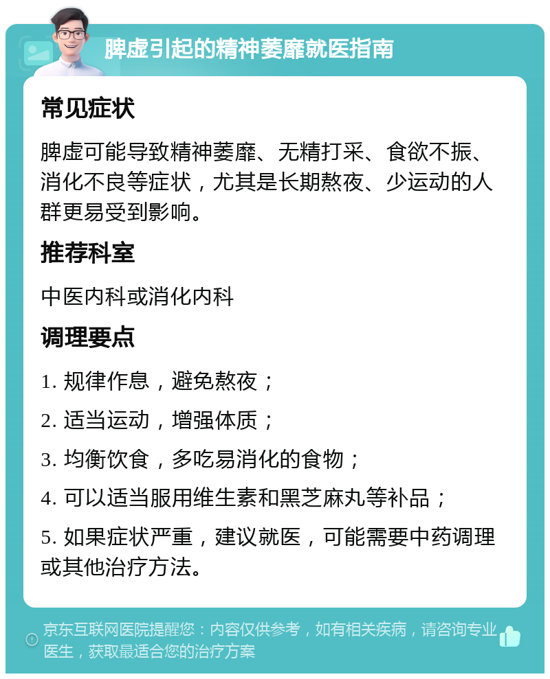 脾虚引起的精神萎靡就医指南 常见症状 脾虚可能导致精神萎靡、无精打采、食欲不振、消化不良等症状，尤其是长期熬夜、少运动的人群更易受到影响。 推荐科室 中医内科或消化内科 调理要点 1. 规律作息，避免熬夜； 2. 适当运动，增强体质； 3. 均衡饮食，多吃易消化的食物； 4. 可以适当服用维生素和黑芝麻丸等补品； 5. 如果症状严重，建议就医，可能需要中药调理或其他治疗方法。