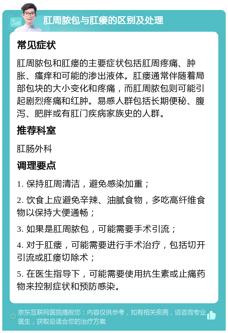 肛周脓包与肛瘘的区别及处理 常见症状 肛周脓包和肛瘘的主要症状包括肛周疼痛、肿胀、瘙痒和可能的渗出液体。肛瘘通常伴随着局部包块的大小变化和疼痛，而肛周脓包则可能引起剧烈疼痛和红肿。易感人群包括长期便秘、腹泻、肥胖或有肛门疾病家族史的人群。 推荐科室 肛肠外科 调理要点 1. 保持肛周清洁，避免感染加重； 2. 饮食上应避免辛辣、油腻食物，多吃高纤维食物以保持大便通畅； 3. 如果是肛周脓包，可能需要手术引流； 4. 对于肛瘘，可能需要进行手术治疗，包括切开引流或肛瘘切除术； 5. 在医生指导下，可能需要使用抗生素或止痛药物来控制症状和预防感染。