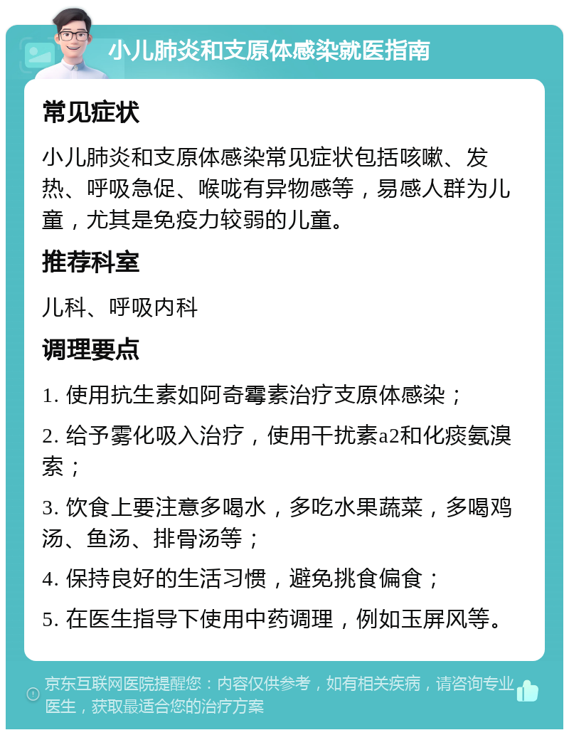 小儿肺炎和支原体感染就医指南 常见症状 小儿肺炎和支原体感染常见症状包括咳嗽、发热、呼吸急促、喉咙有异物感等，易感人群为儿童，尤其是免疫力较弱的儿童。 推荐科室 儿科、呼吸内科 调理要点 1. 使用抗生素如阿奇霉素治疗支原体感染； 2. 给予雾化吸入治疗，使用干扰素a2和化痰氨溴索； 3. 饮食上要注意多喝水，多吃水果蔬菜，多喝鸡汤、鱼汤、排骨汤等； 4. 保持良好的生活习惯，避免挑食偏食； 5. 在医生指导下使用中药调理，例如玉屏风等。