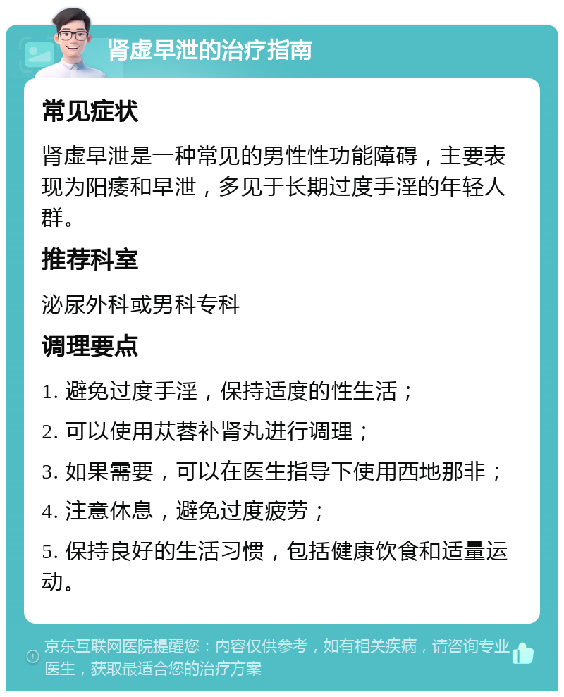 肾虚早泄的治疗指南 常见症状 肾虚早泄是一种常见的男性性功能障碍，主要表现为阳痿和早泄，多见于长期过度手淫的年轻人群。 推荐科室 泌尿外科或男科专科 调理要点 1. 避免过度手淫，保持适度的性生活； 2. 可以使用苁蓉补肾丸进行调理； 3. 如果需要，可以在医生指导下使用西地那非； 4. 注意休息，避免过度疲劳； 5. 保持良好的生活习惯，包括健康饮食和适量运动。