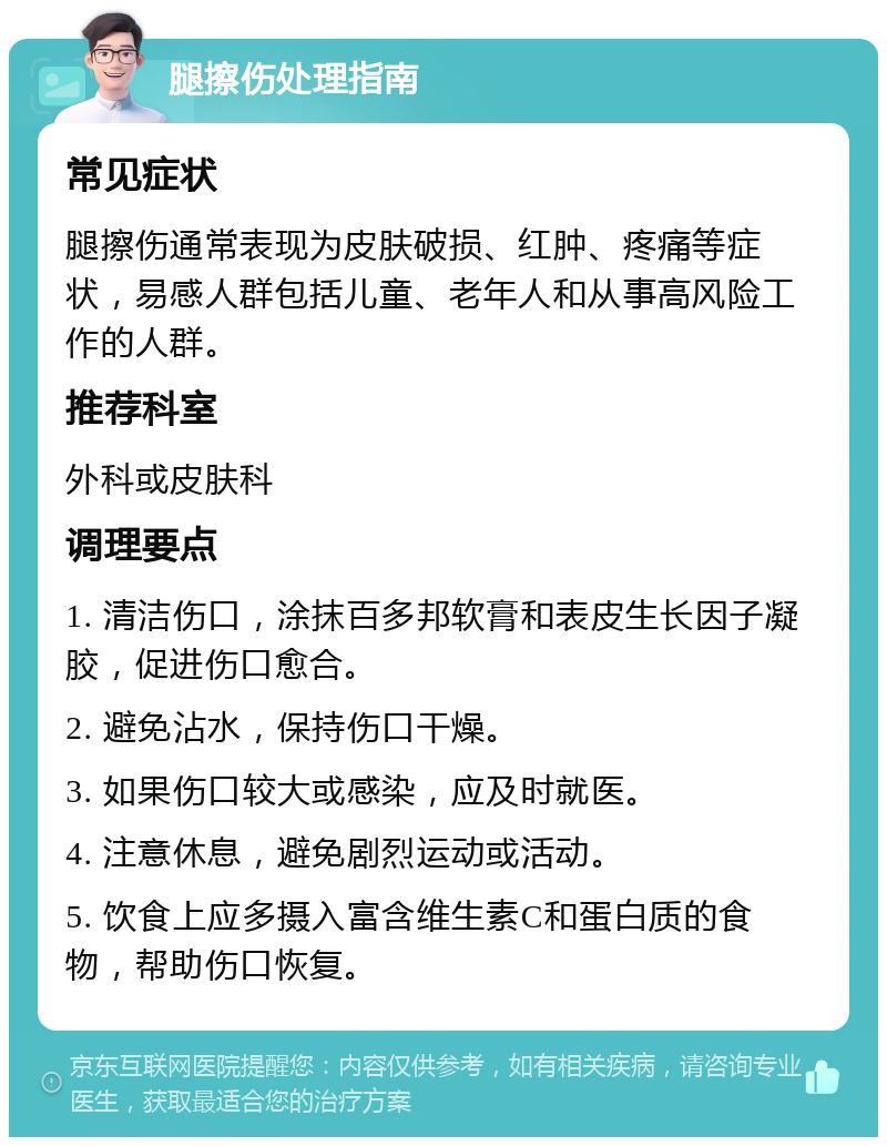 腿擦伤处理指南 常见症状 腿擦伤通常表现为皮肤破损、红肿、疼痛等症状，易感人群包括儿童、老年人和从事高风险工作的人群。 推荐科室 外科或皮肤科 调理要点 1. 清洁伤口，涂抹百多邦软膏和表皮生长因子凝胶，促进伤口愈合。 2. 避免沾水，保持伤口干燥。 3. 如果伤口较大或感染，应及时就医。 4. 注意休息，避免剧烈运动或活动。 5. 饮食上应多摄入富含维生素C和蛋白质的食物，帮助伤口恢复。