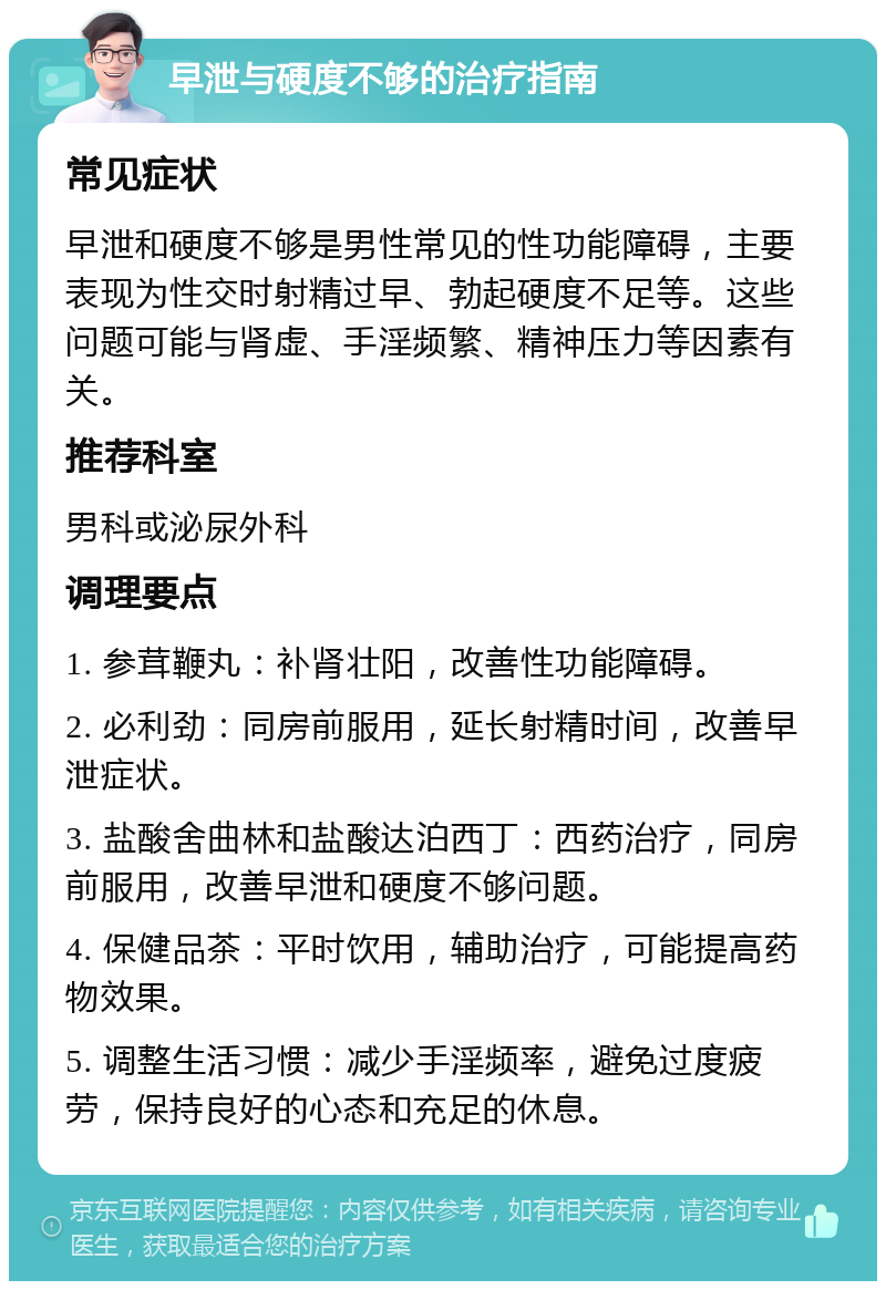 早泄与硬度不够的治疗指南 常见症状 早泄和硬度不够是男性常见的性功能障碍，主要表现为性交时射精过早、勃起硬度不足等。这些问题可能与肾虚、手淫频繁、精神压力等因素有关。 推荐科室 男科或泌尿外科 调理要点 1. 参茸鞭丸：补肾壮阳，改善性功能障碍。 2. 必利劲：同房前服用，延长射精时间，改善早泄症状。 3. 盐酸舍曲林和盐酸达泊西丁：西药治疗，同房前服用，改善早泄和硬度不够问题。 4. 保健品茶：平时饮用，辅助治疗，可能提高药物效果。 5. 调整生活习惯：减少手淫频率，避免过度疲劳，保持良好的心态和充足的休息。