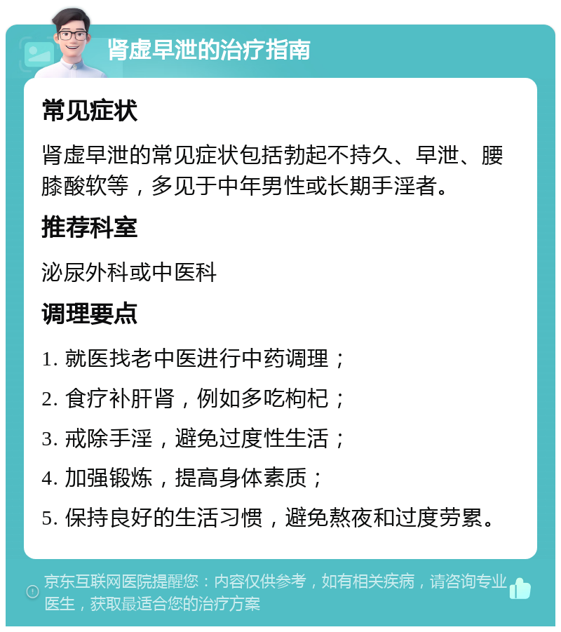 肾虚早泄的治疗指南 常见症状 肾虚早泄的常见症状包括勃起不持久、早泄、腰膝酸软等，多见于中年男性或长期手淫者。 推荐科室 泌尿外科或中医科 调理要点 1. 就医找老中医进行中药调理； 2. 食疗补肝肾，例如多吃枸杞； 3. 戒除手淫，避免过度性生活； 4. 加强锻炼，提高身体素质； 5. 保持良好的生活习惯，避免熬夜和过度劳累。