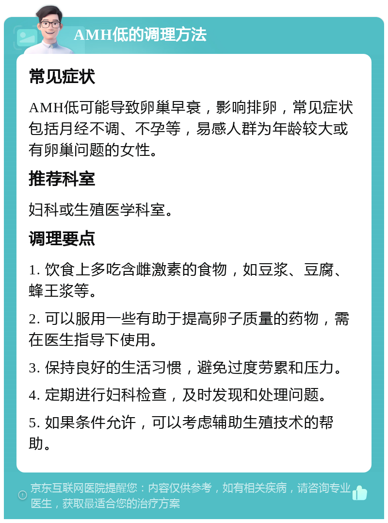 AMH低的调理方法 常见症状 AMH低可能导致卵巢早衰，影响排卵，常见症状包括月经不调、不孕等，易感人群为年龄较大或有卵巢问题的女性。 推荐科室 妇科或生殖医学科室。 调理要点 1. 饮食上多吃含雌激素的食物，如豆浆、豆腐、蜂王浆等。 2. 可以服用一些有助于提高卵子质量的药物，需在医生指导下使用。 3. 保持良好的生活习惯，避免过度劳累和压力。 4. 定期进行妇科检查，及时发现和处理问题。 5. 如果条件允许，可以考虑辅助生殖技术的帮助。